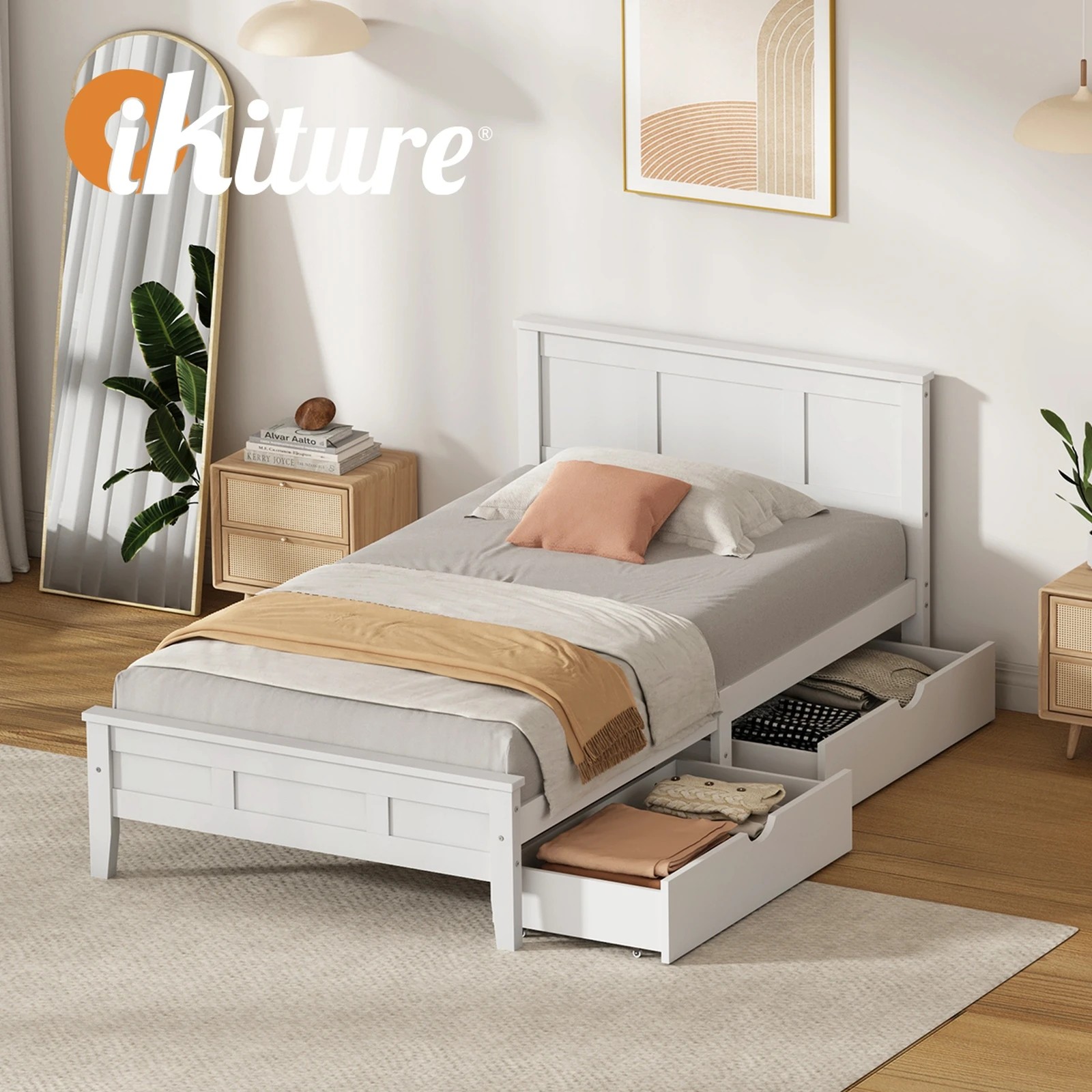 7 Oikiture King Single Wooden Bed Frame Platform with Headboard 2 Storage Drawers - White, 7 of 10