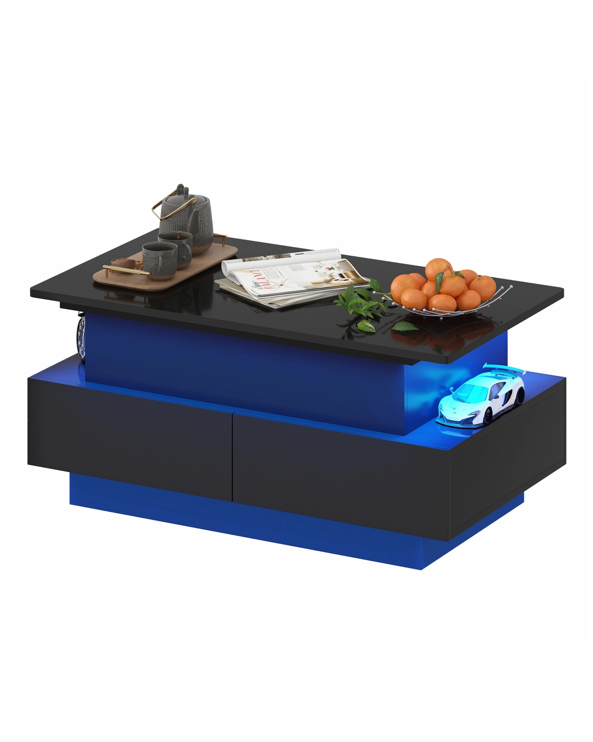 7 Advwin Lift Top Coffee Table w/ LED Lights Hidden Compartment & 4 Drawers High Gloss Central Table w/ Lift Tabletop, 7 of 9