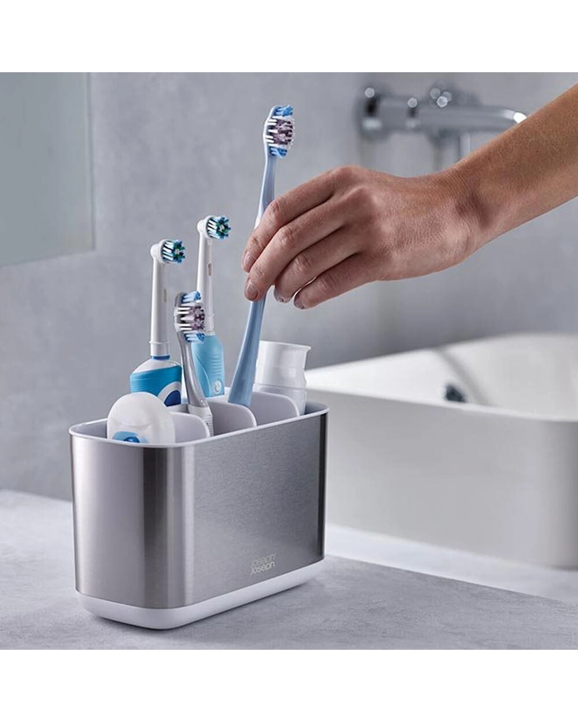 6 Joseph Joseph EasyStore Steel Toothbrush Caddy Large Divided Sections - White, 6 of 6