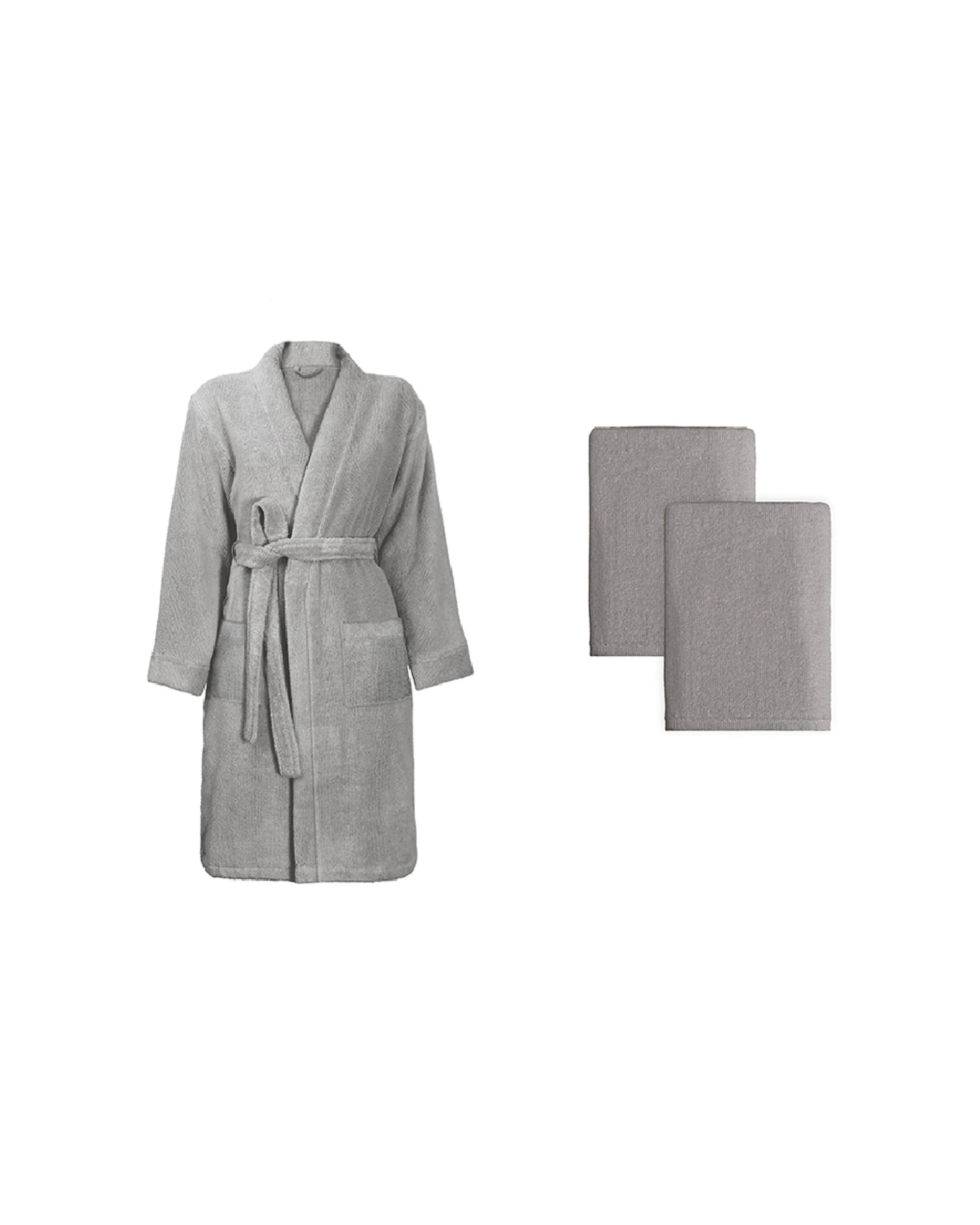 1 Luxe Turkey Cotton Bathrobe & Towel Set - Grey, 1 of 3
