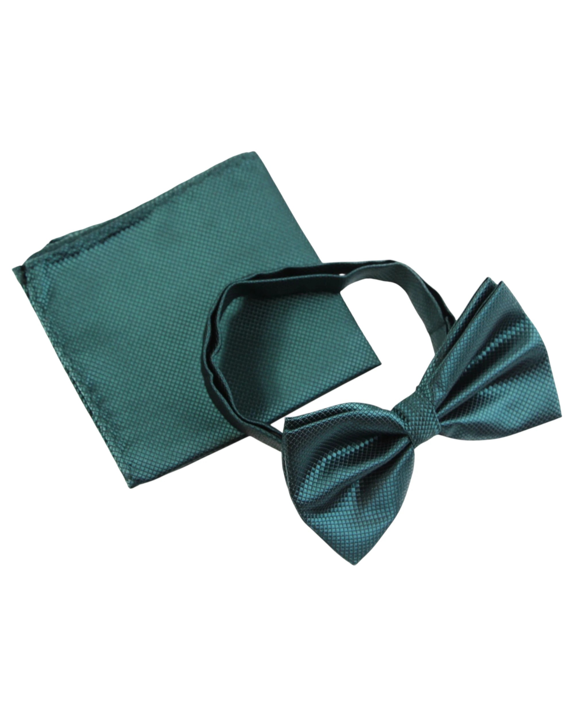 1 Zasel Mens Plain Coloured Checkered Bow Tie & Matching Pocket Square Set - Green, 1 of 3