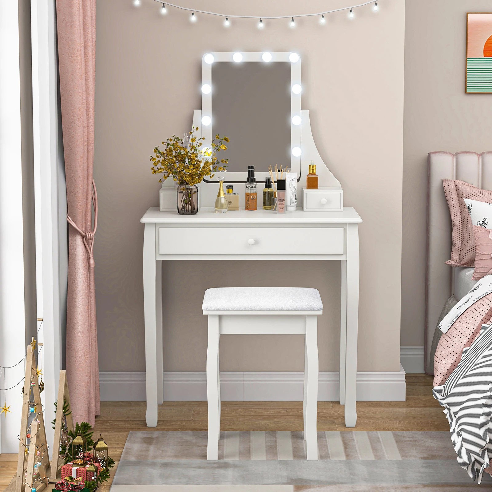 2 Costway Dressing Table Stool Set w/LEDs Rotatable Mirror, 2 of 10