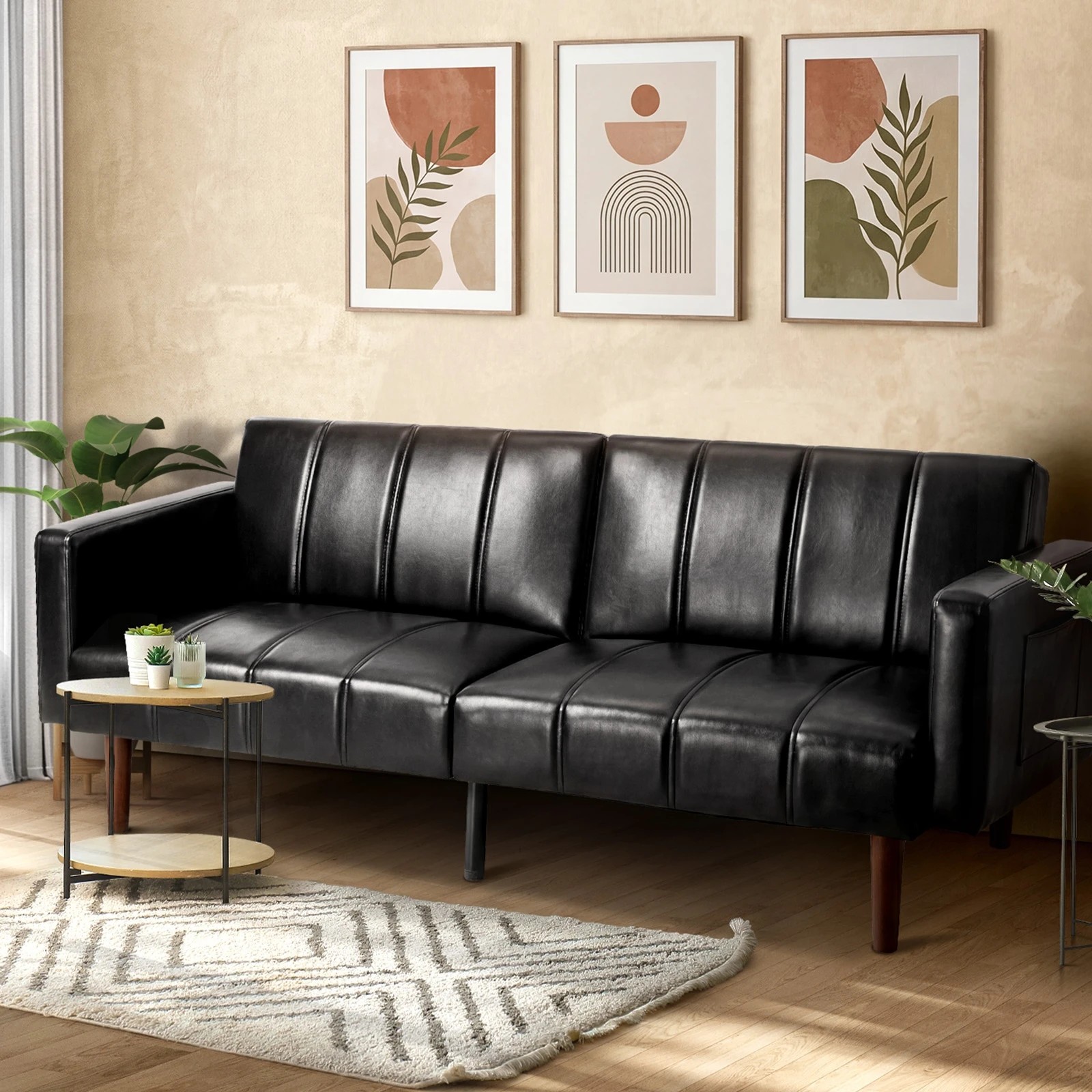 3 Oikiture 3 Seater Sofa Bed Sleeper Futon Faux Leather - Black, 3 of 10