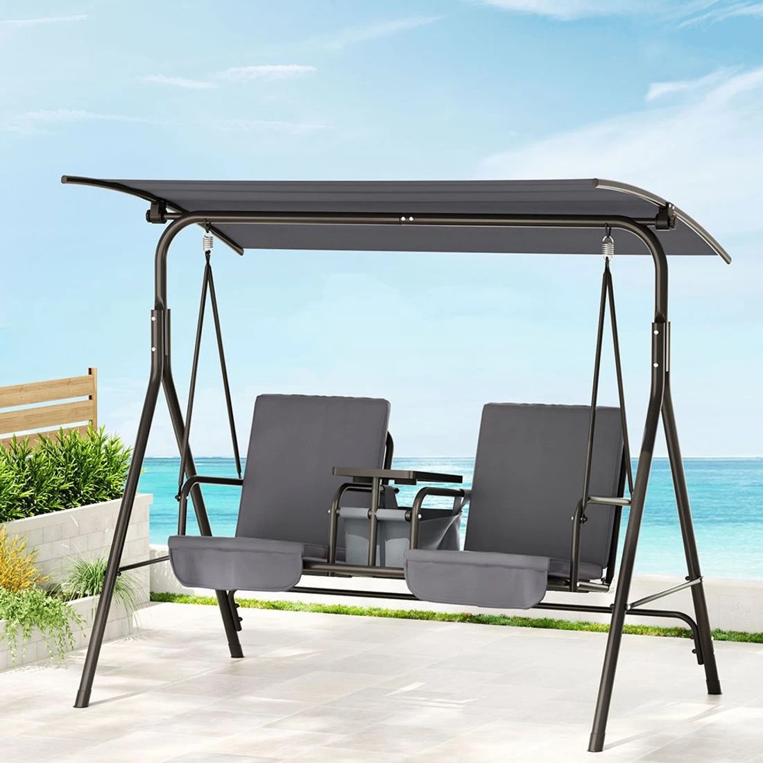 3 Gardeon Outdoor Swing Chair Garden Furniture Canopy Cup Holder 2 Seater - Grey, 3 of 6