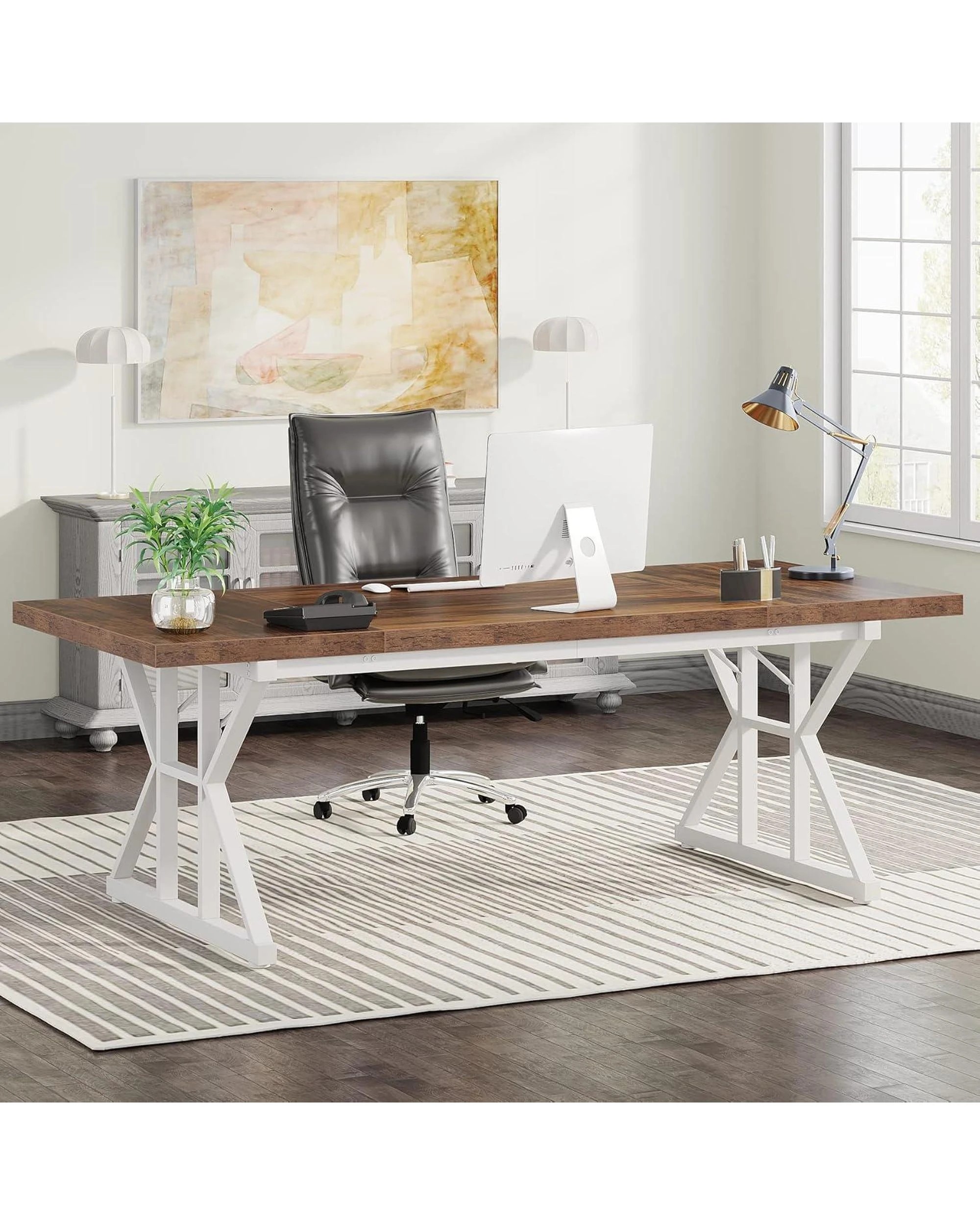 2 OAKORY 180cm Home office Desk with Metal X-shaped Trestle legs Brown & White, 2 of 5