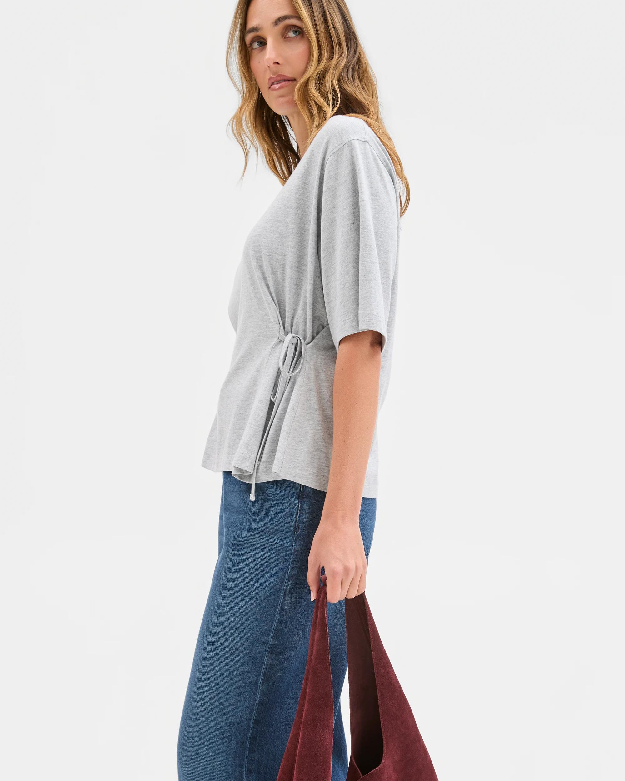 1 Target Woman Short Sleeve Tie Waist T-Shirt GREY MARLE, 1 of 6