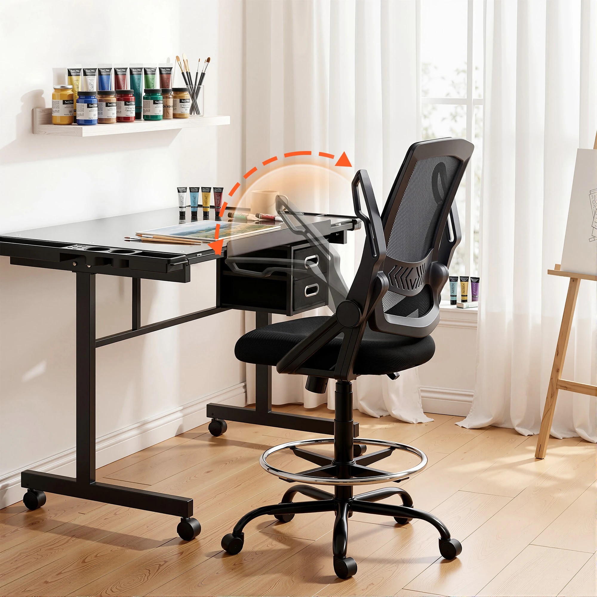 6 Artiss Drawing Table w/ Glass Top & Ergonomic Chair – Drafting Desk w/ Drawers for Art Studi - Black, 6 of 9