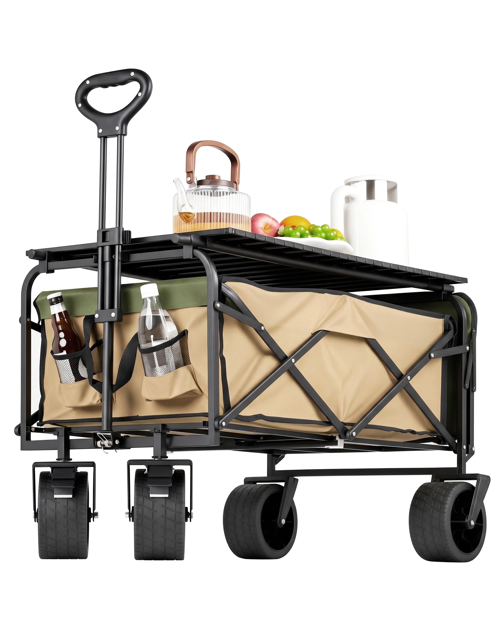1 Advwin Folding Wagon Cart, Beach Trolley Cart w/Folding Table Board - Beige, 1 of 6