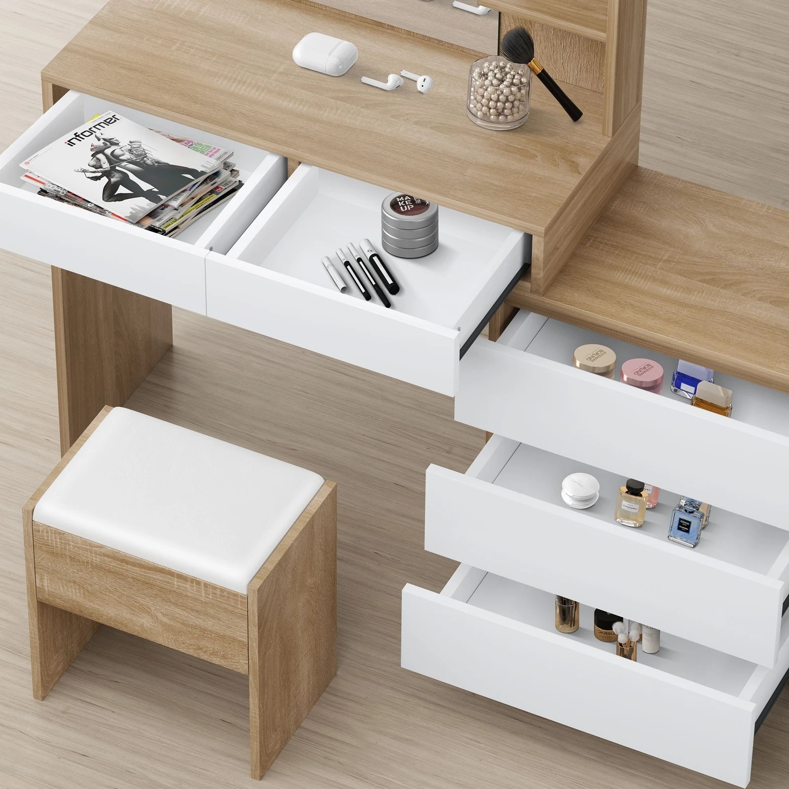 2 Alfordson Dressing Table Stool Set Makeup Mirror Desk Storage Drawers - Wood, 2 of 10
