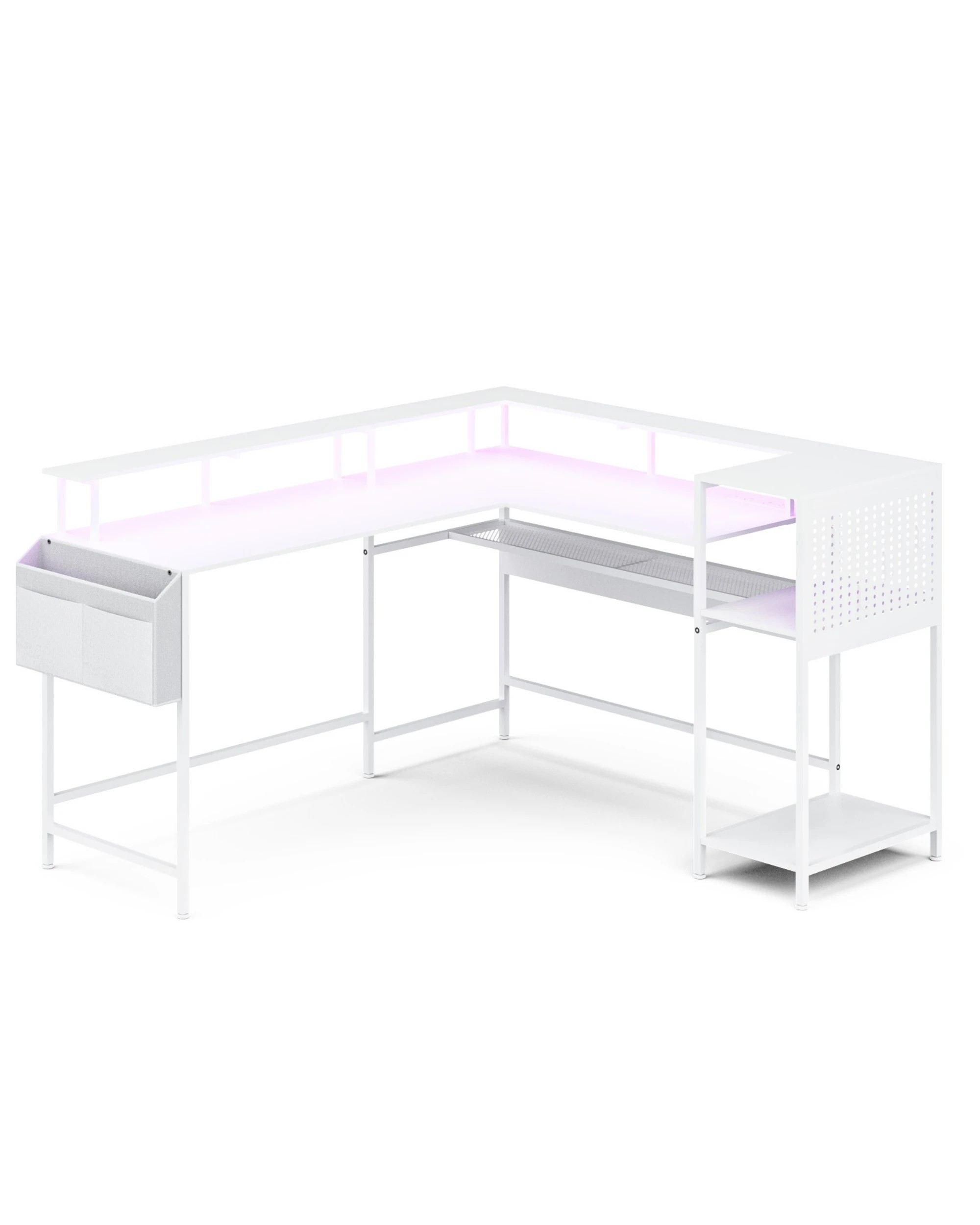 7 Advwin 150cm L Shaped Computer Desk w/ LED Lights & Power Outlets  - White, 7 of 10