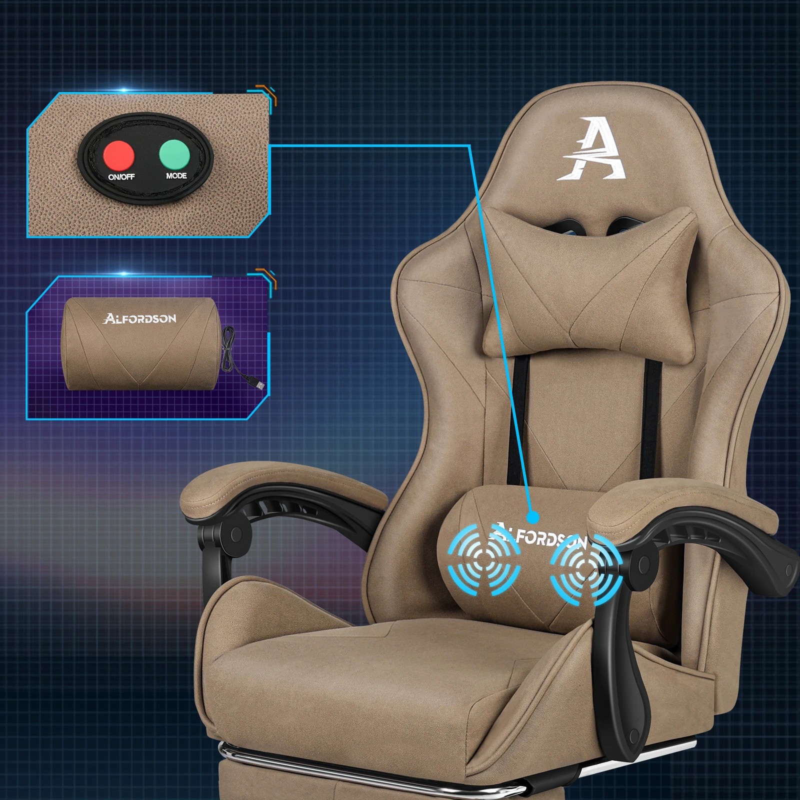 3 Alfordson Gaming Office Chair Massage Computer Footrest Seat Leathaire - Khaki, 3 of 10