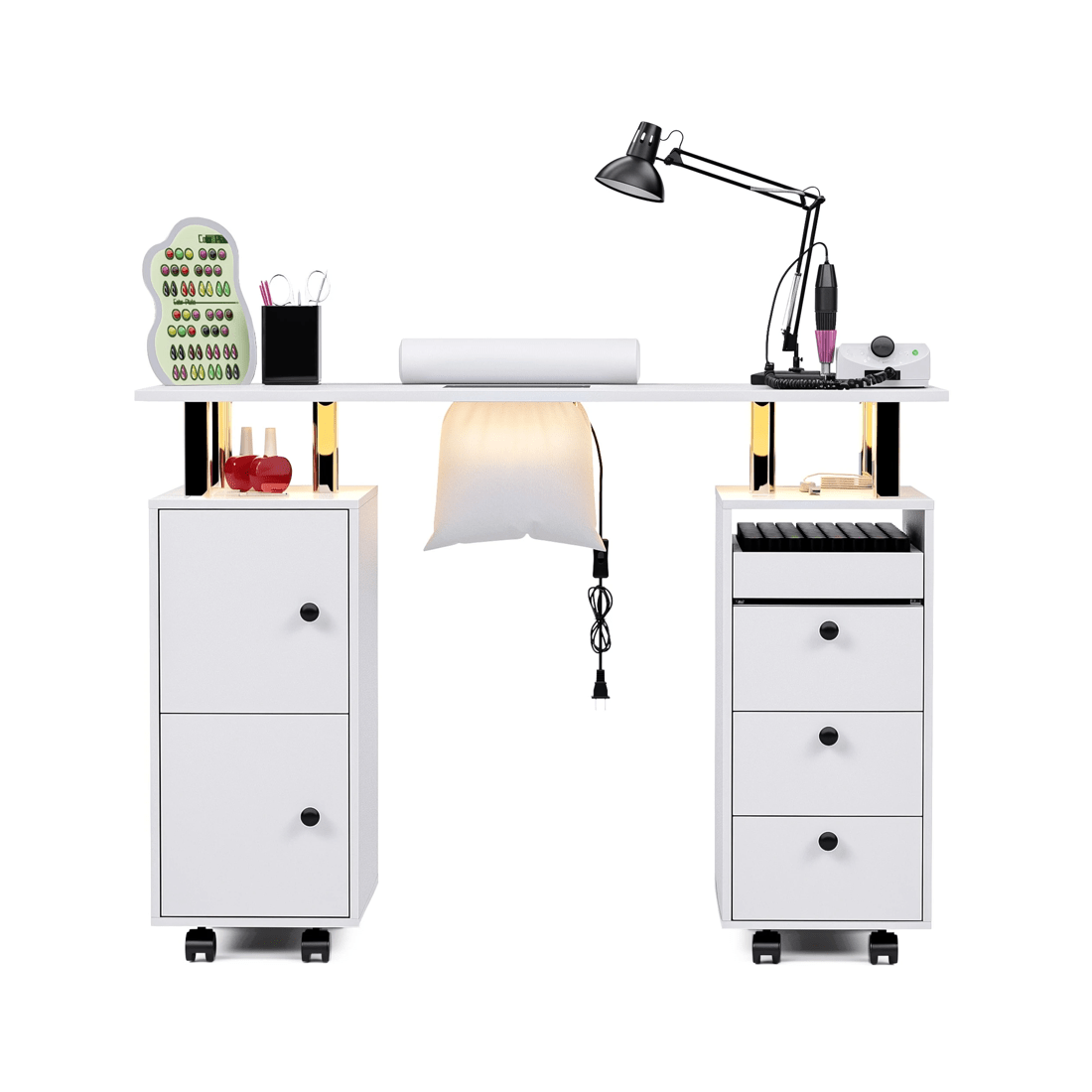 9 Advwin Manicure Table Vanity Desk w/Dust Collector Floating Light Wrist Rest Lockable Wheels Drawers Cabinet - White, 9 of 10