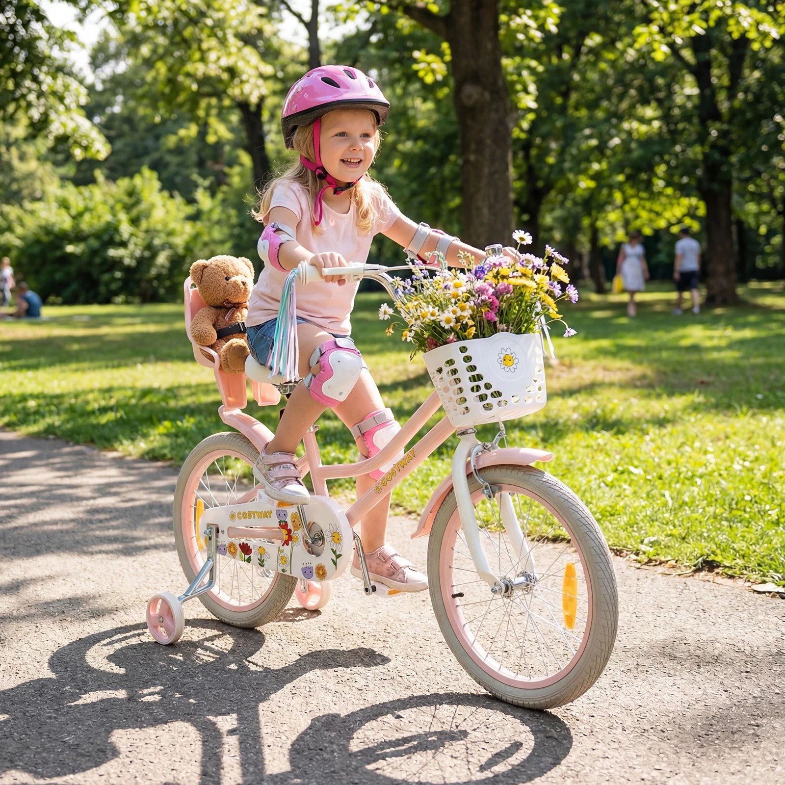 2 Costway 45cm Kids Bike Bicycle Ride-on w/Training Wheels & Doll Seat & Front Basket Beginner - Pink, 2 of 4