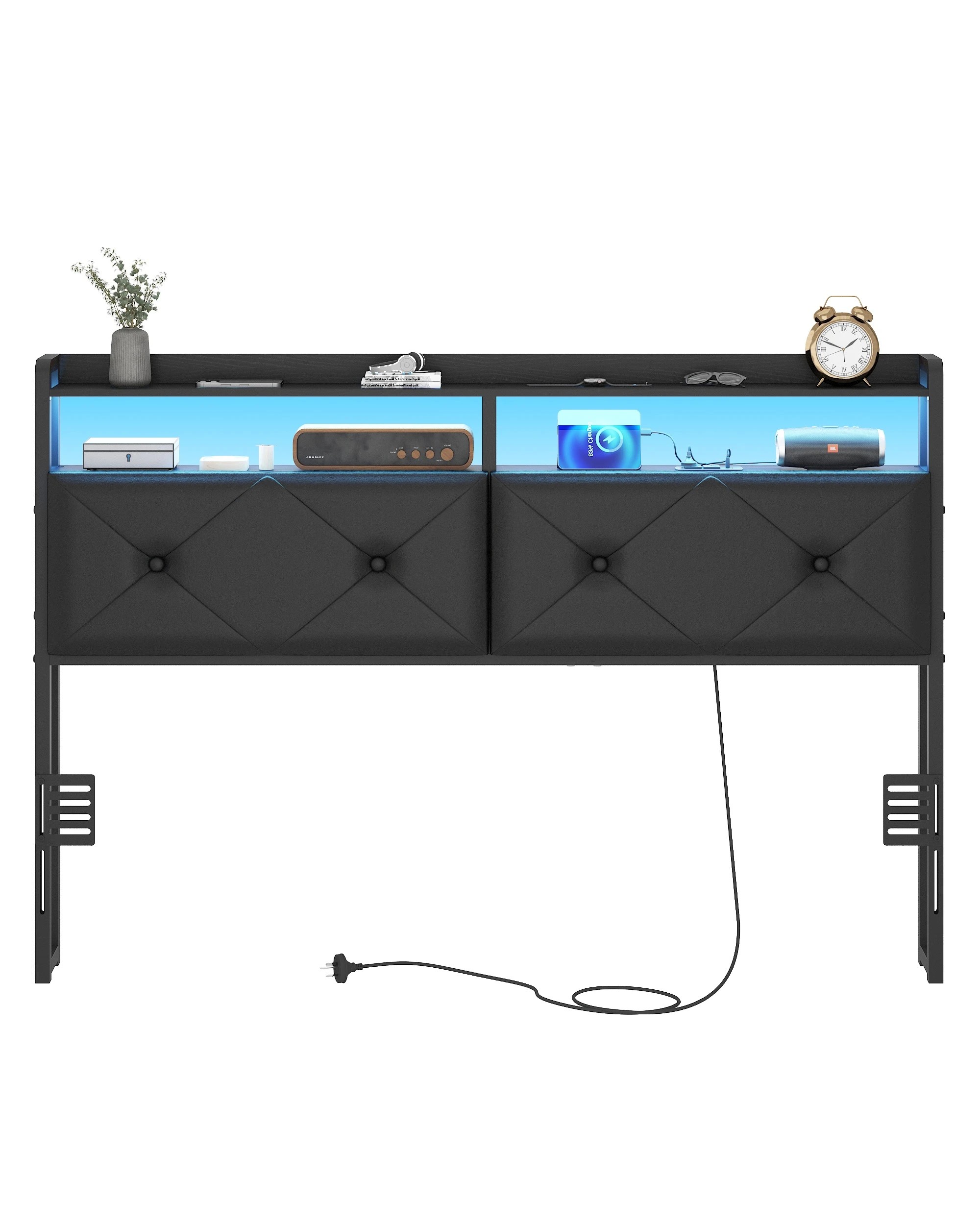 2 Advwin Double Size Headboard with LED Light Charging Station Hidden Storage PU Upholstered - Black, 2 of 8