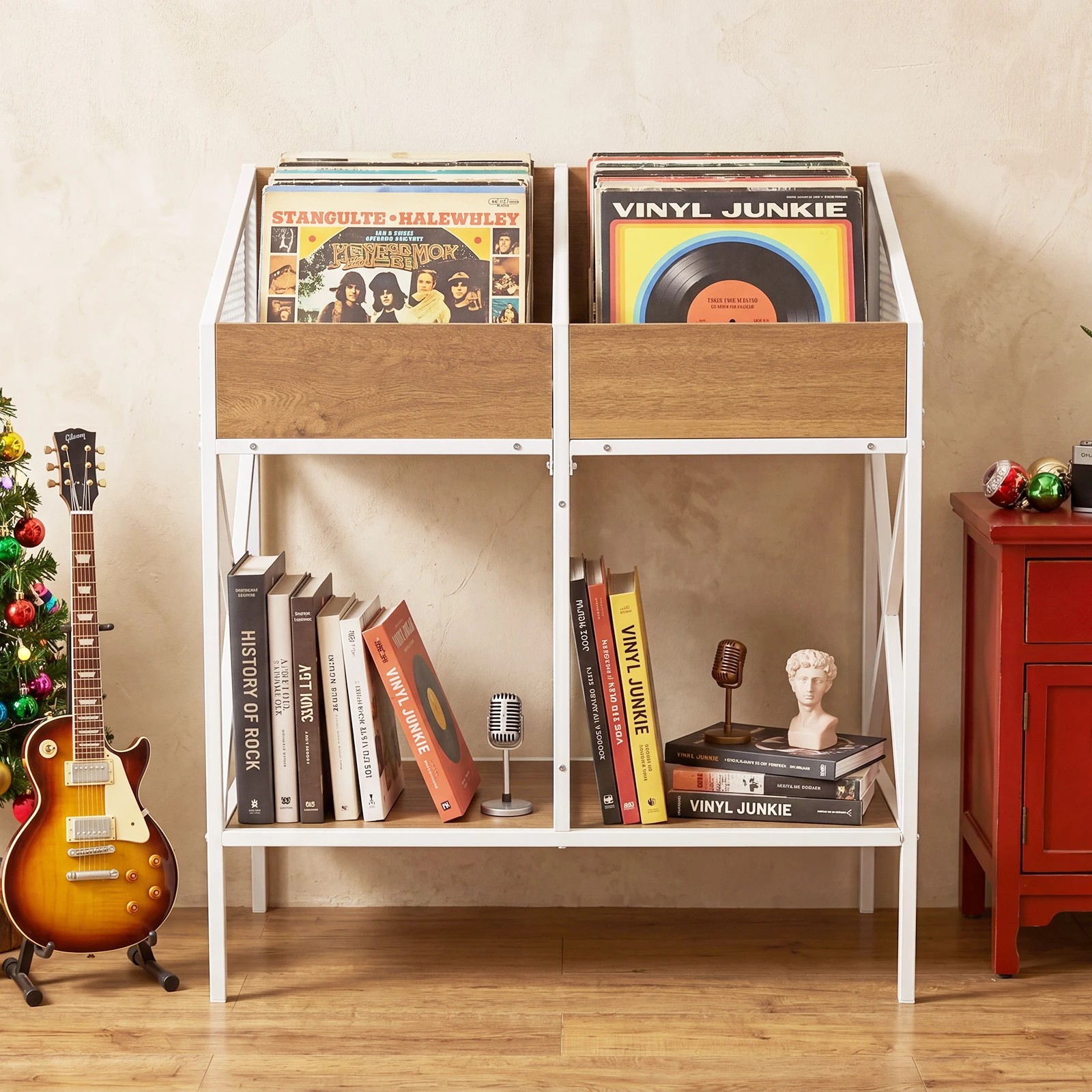 5 Costway 2-Tier Vinyl Record Storage Rack Magazine Books Record Holder - Natural, 5 of 7