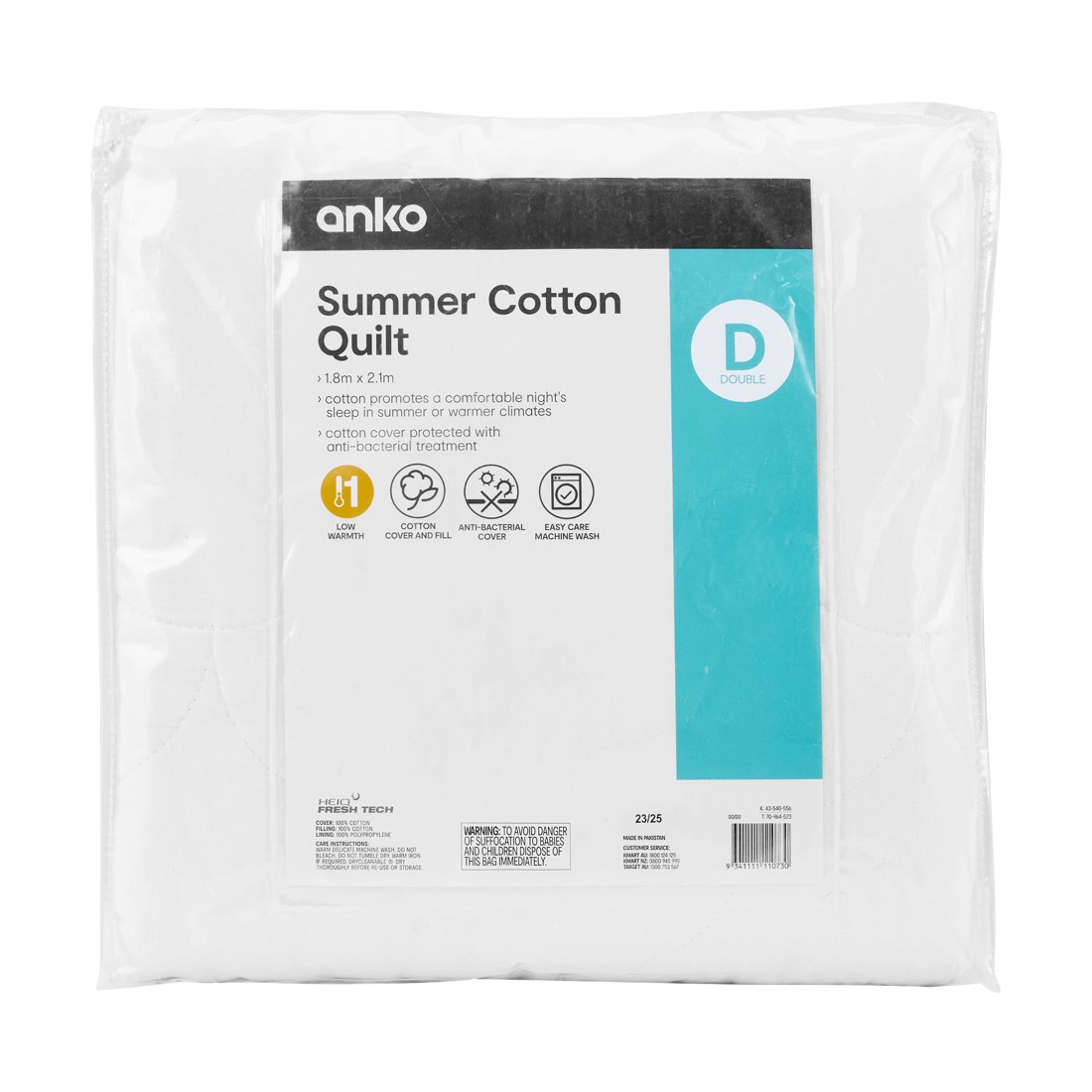 1 Low Warmth Summer Cotton Quilt - Double Bed, White, 1 of 4