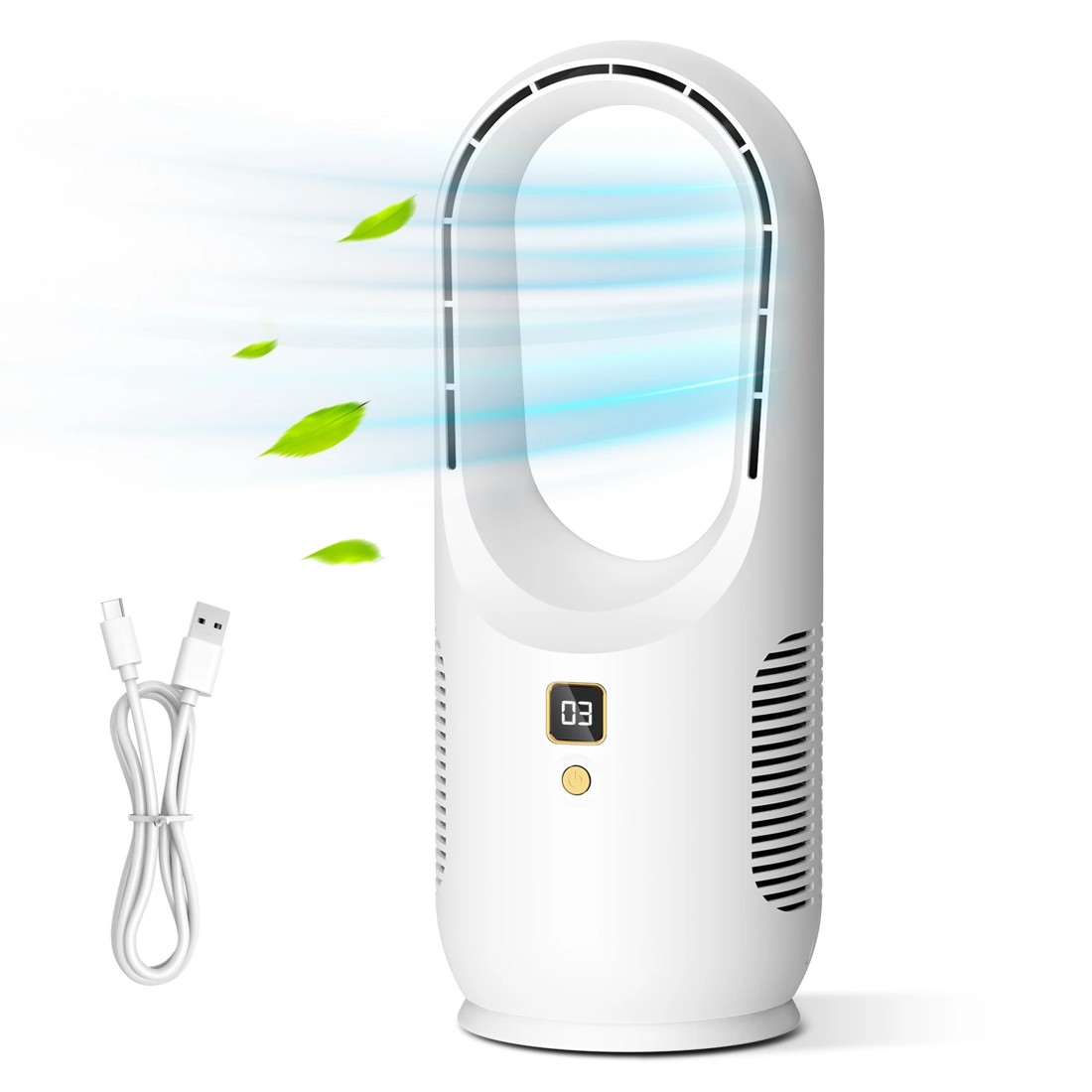 1 ADVWIN USB Desk Fan, Portable Bladeless Fan Rechargeable Stand Fan for Home, Office, Dorm White, 1 of 7