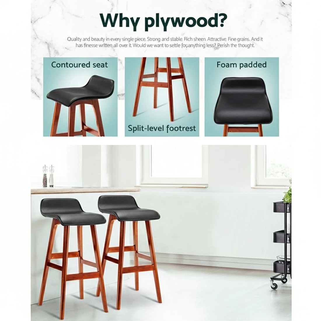 4 Artiss 2x Bar Stools Wooden Stool - Black, 4 of 8