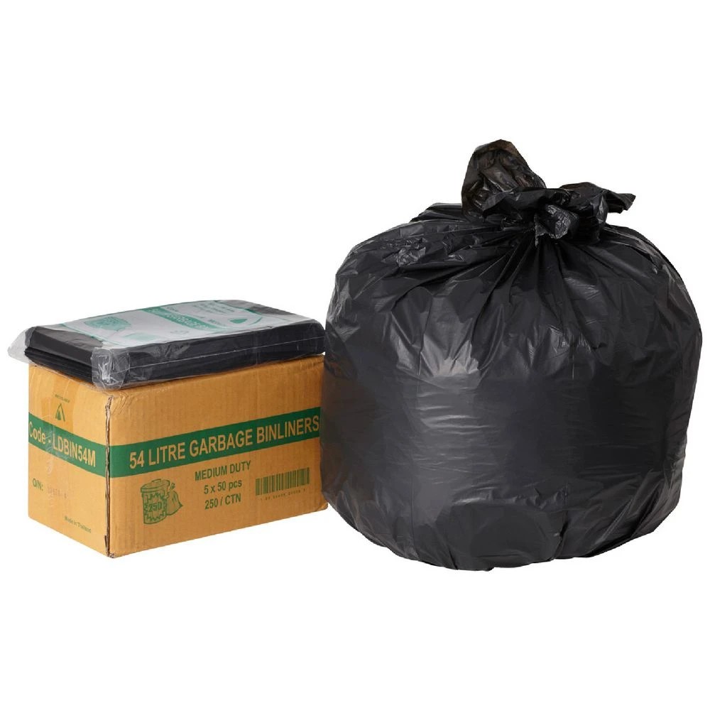 1 Tailored Packaging Medium Duty Bin Liners 54L 250 Pack Black, 1 of 2