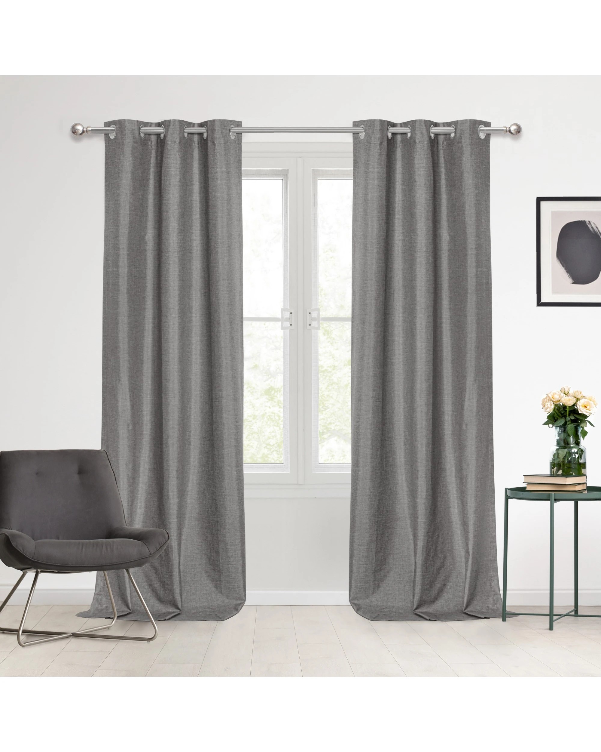1 Sherwood Faux Linen 100% Blockout Eyelet Curtain Pair 225x223cm - Pepper, 1 of 5