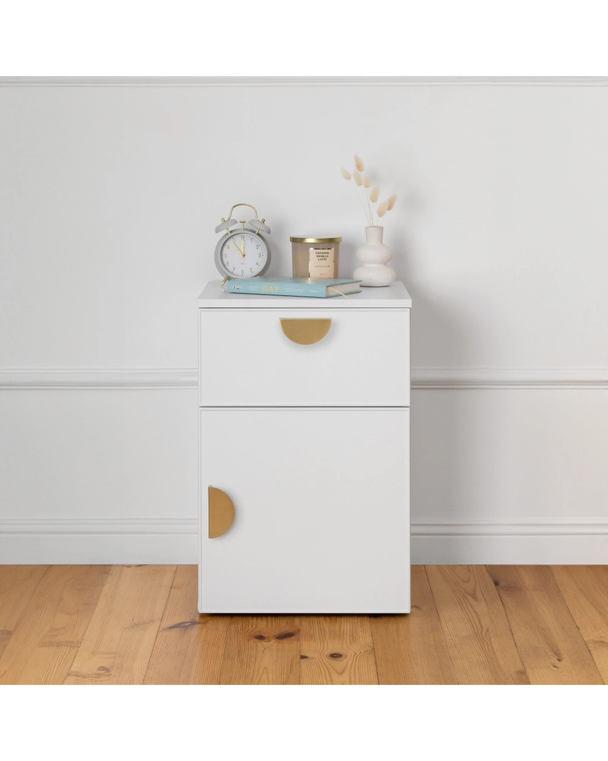 3 European Cabinetry Porto Bedside Table Slim Front Brass Half Moon Handle - White, 3 of 4