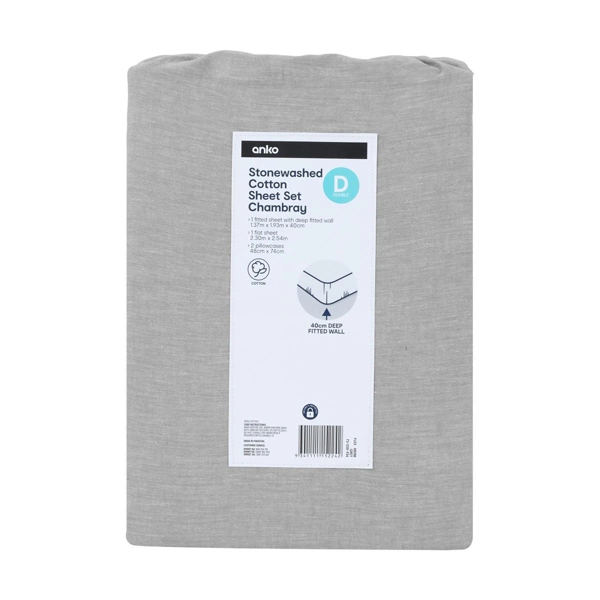 7 Stonewashed Chambray Cotton Sheet Set - Double Bed, Grey, 7 of 7