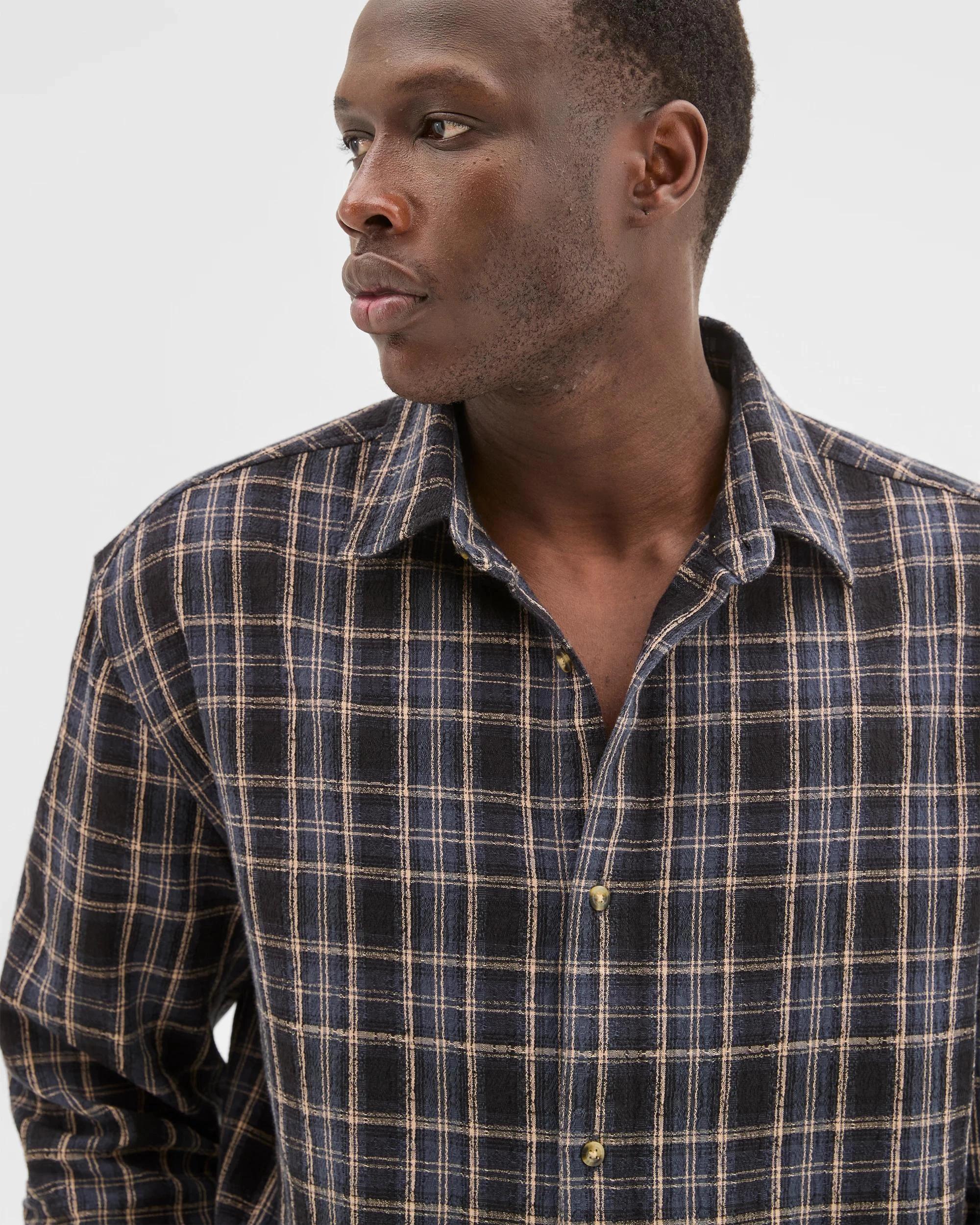 6 Commons Australian Cotton Boxy Fit Long Sleeve Textured Shirt GREY LARGE CHECK, 6 of 6