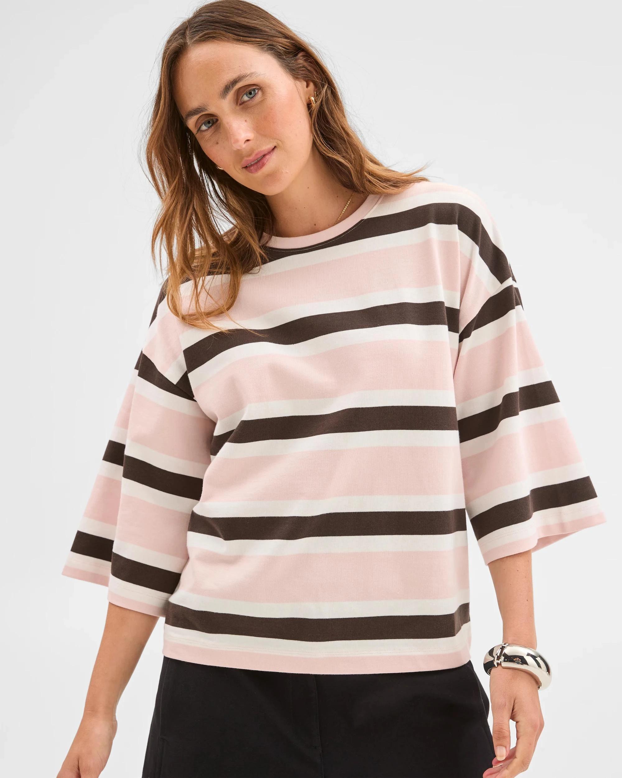 2 Target Woman Australian Cotton 3/4 Length Wide Sleeve Boxy T-Shirt PALE ROSE/BLACK COFFEE/CLOUD DANCER, 2 of 7