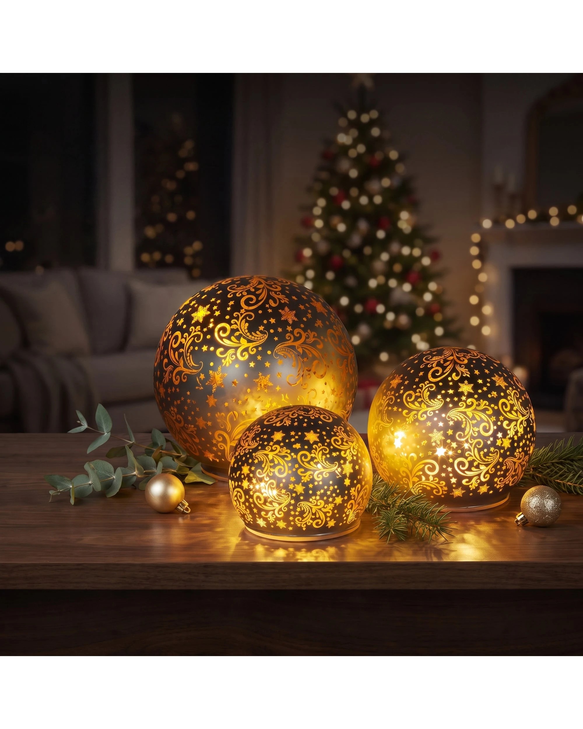 6 Christabelle 3-Piece Silver Glass Christmas LED Spheres with Gold Scrollwork - Gold, 6 of 6