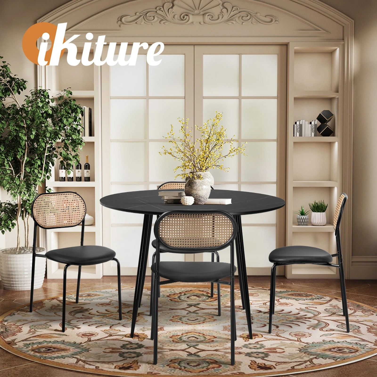 7 Oikiture 110cm Round Dining Table with 4PCS Dining Chairs PU Leather - Black, 7 of 9