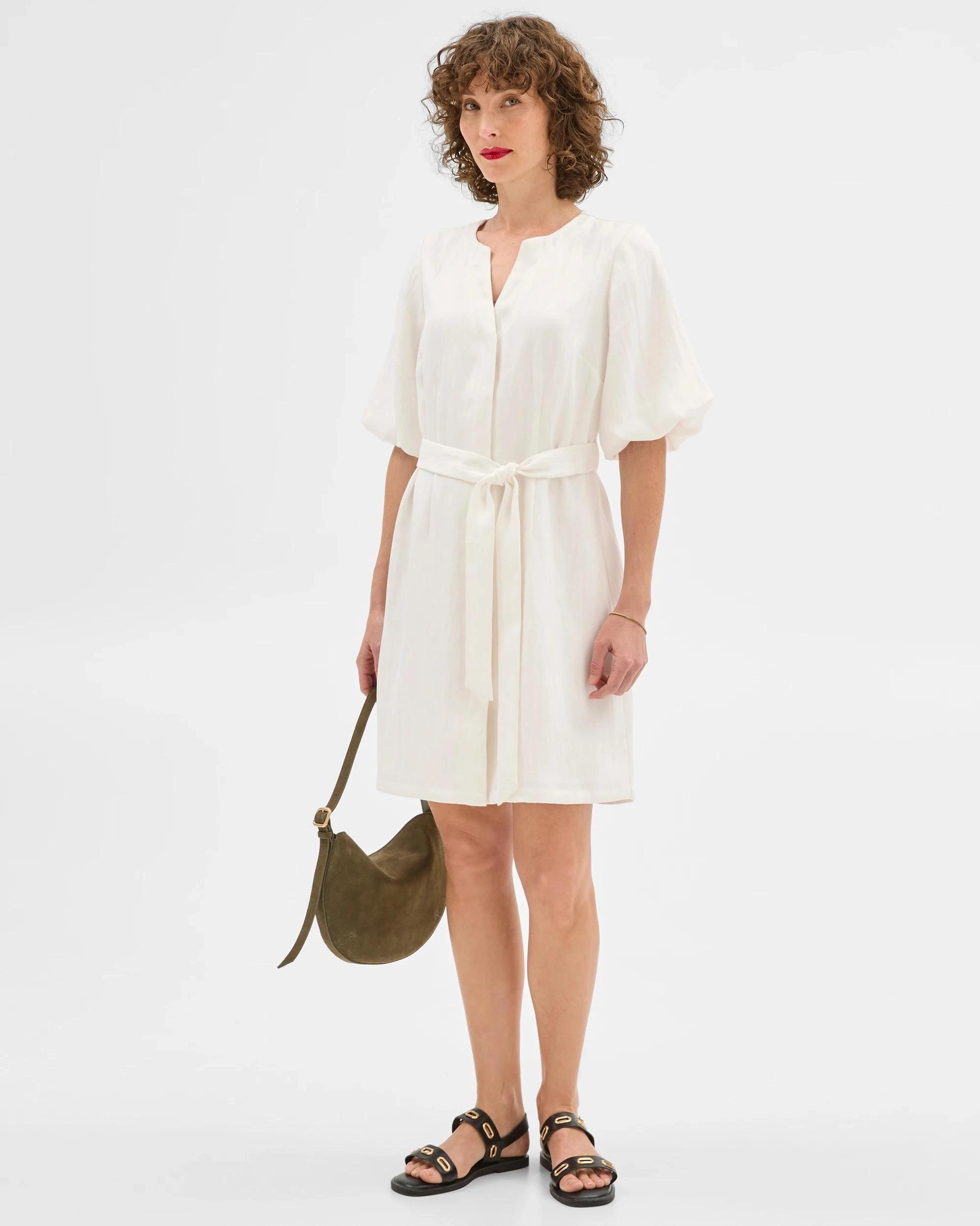 2 Puff Sleeve Mini Shirt Dress - Preview CLOUD DANCER, 2 of 6