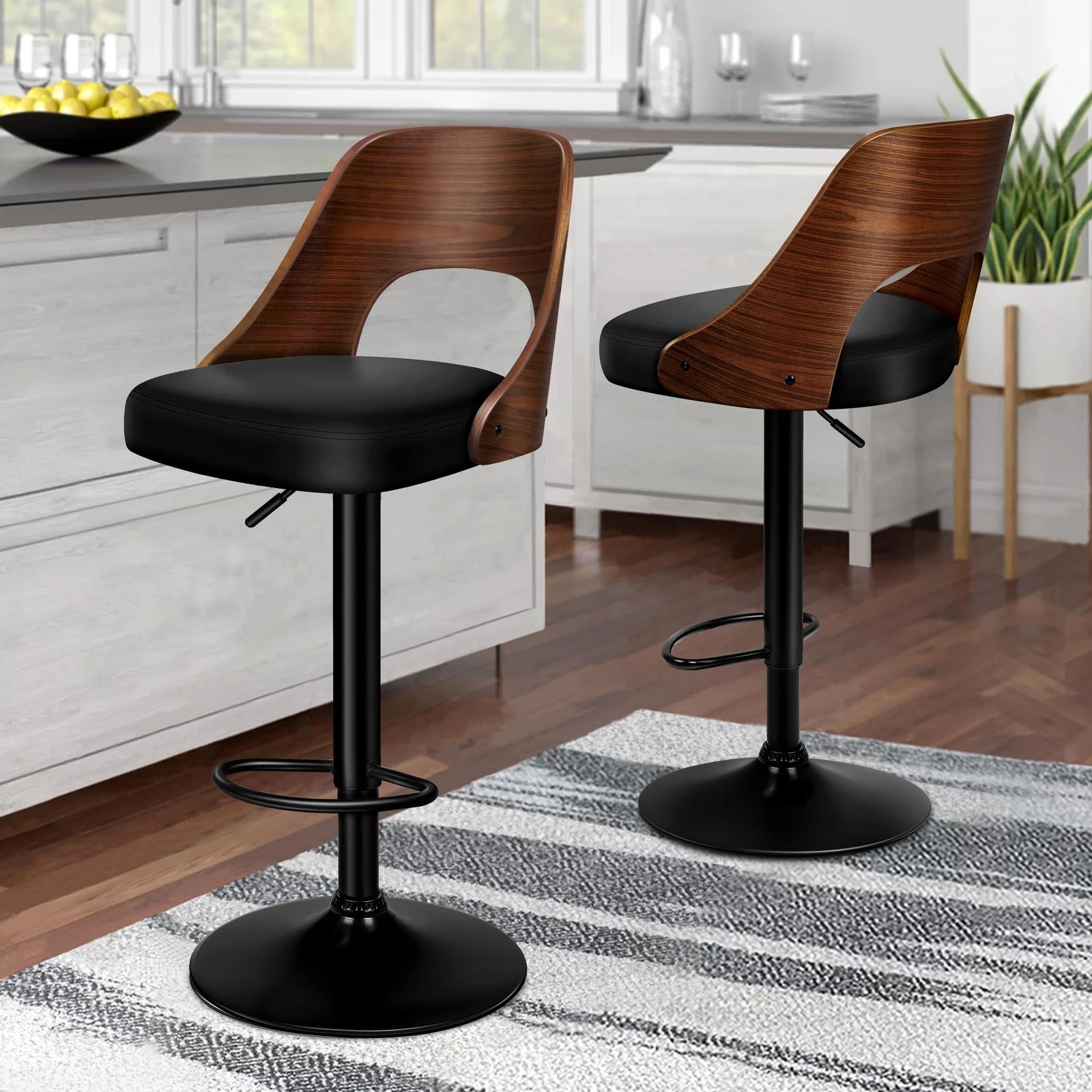 2 Alfordson 2x Bar Stools Kitchen Swivel Chair Wooden Leather Gas Lift - Black, 2 of 10