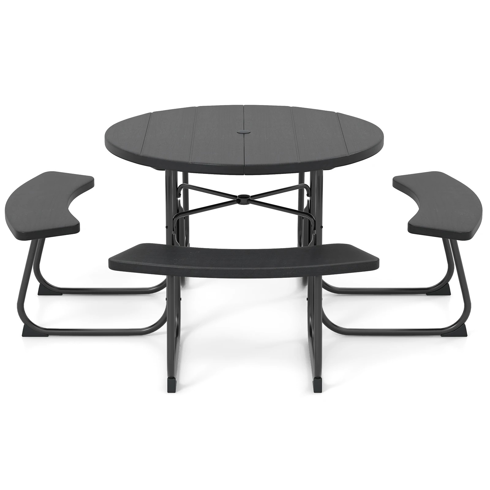 1 Costway 8-person Round Picnic Table Bench Set Outdoor All Weather Dining Table w/Umbrella Hole - Black, 1 of 1