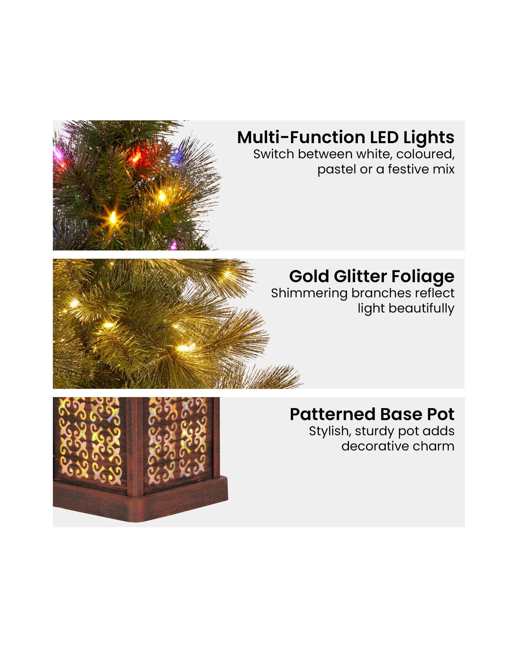 6 Christabelle 4ft Christmas Tree Glittery Gold Pine Foliage Led Multi Lights Xmas Decor, 6 of 7