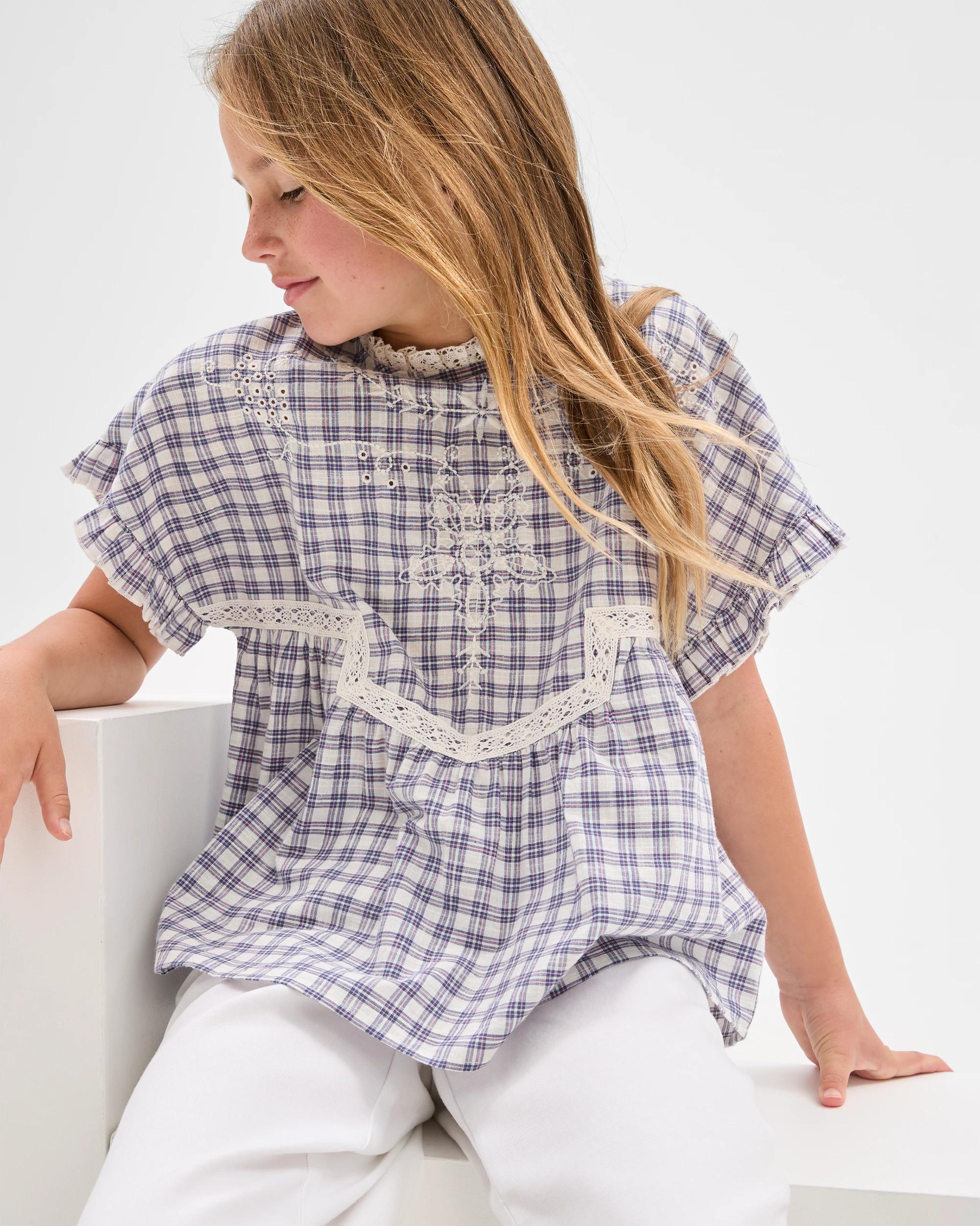 1 Target Kids Woven Short Sleeve Embroidered Top CHECK, 1 of 6