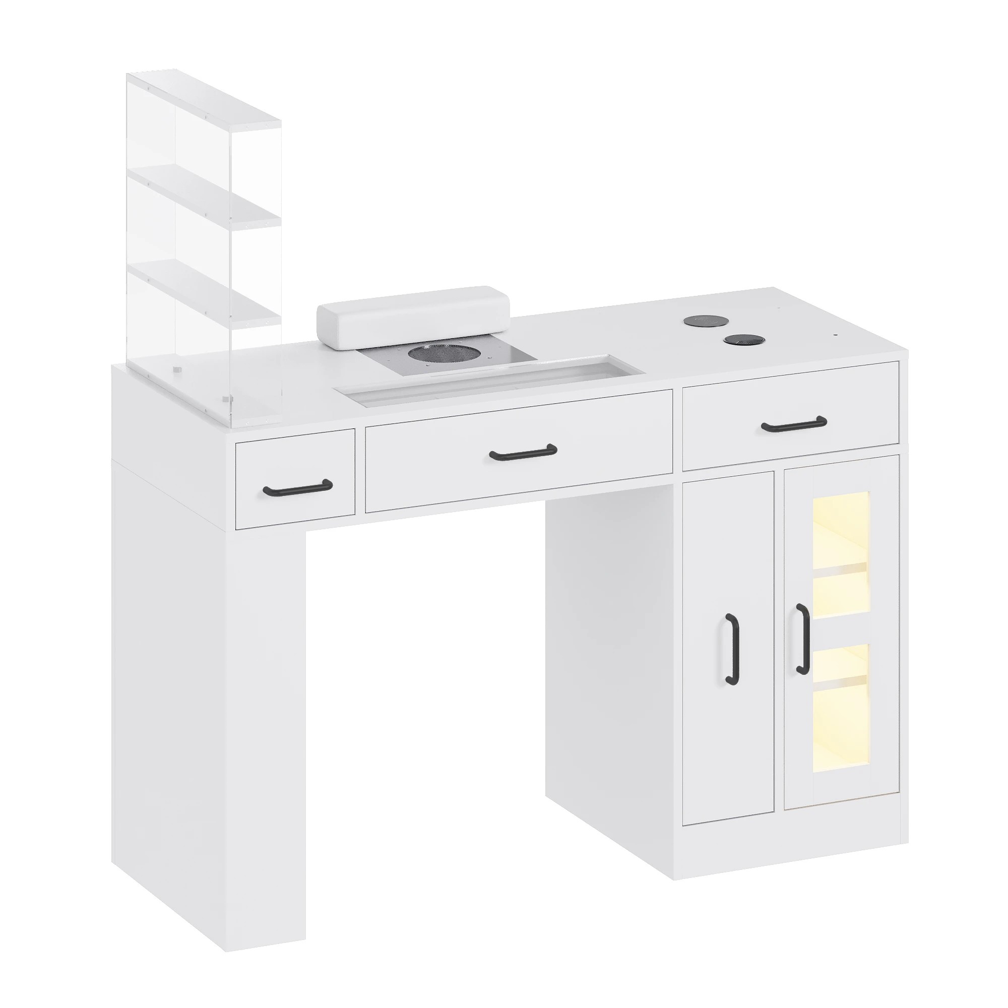 1 Advwin Vanity Nail Desk Manicure Table w/Glass Top Drawer Dust Collector Wireless Charging LED Light - White, 1 of 10