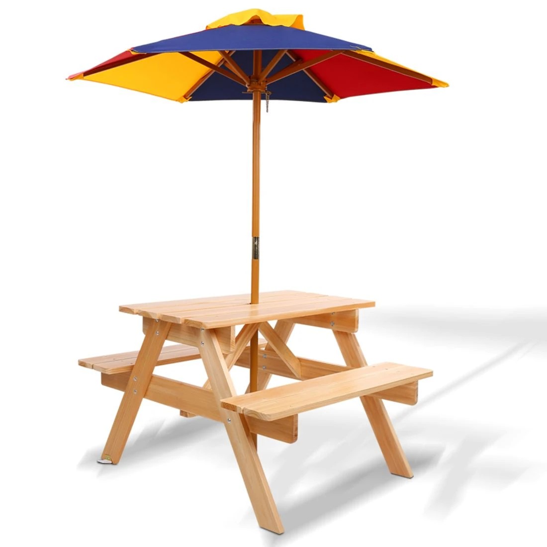 1 Keezi Kids Outdoor Table and Chairs Wooden Picnic Bench Set Umbrella - Brown, 1 of 10