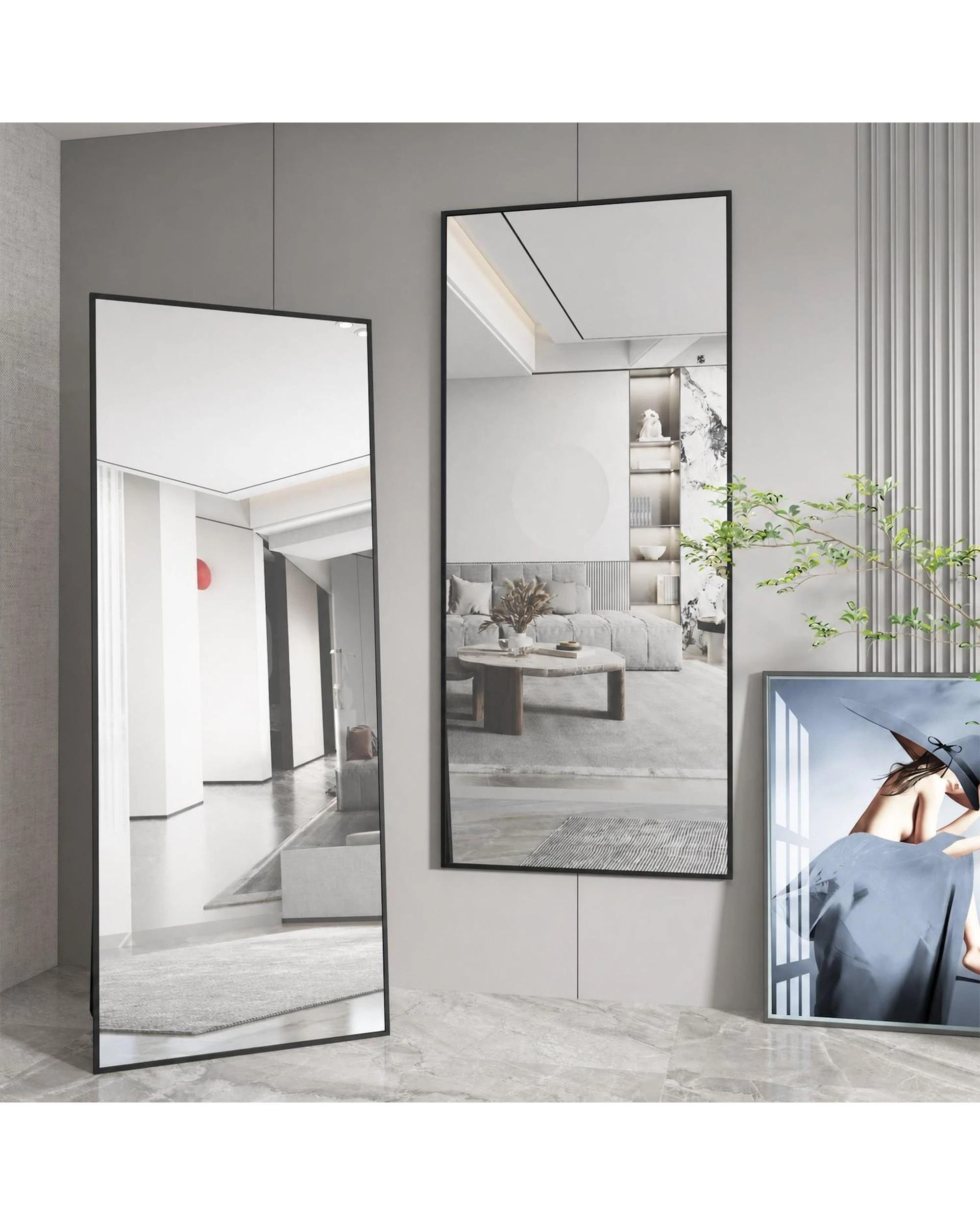 2 OAKORY 165x60cm Rectangular Full Length Mirror, Floor Mirror with Aluminium Alloy Frame Black - Black, 2 of 7
