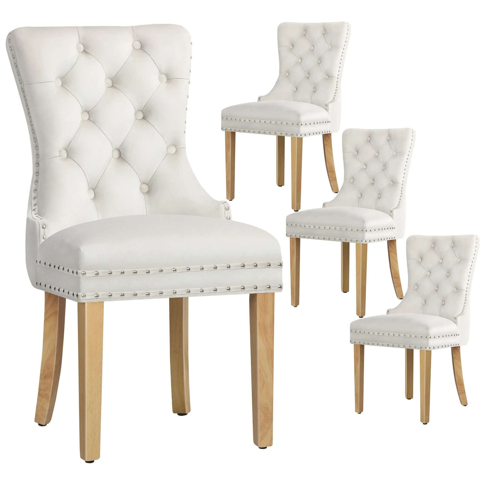 1 Alfordson 4x Dining Chair Kitchen Lounge Retro Button Tufted Wooden Velvet - Beige, 1 of 10