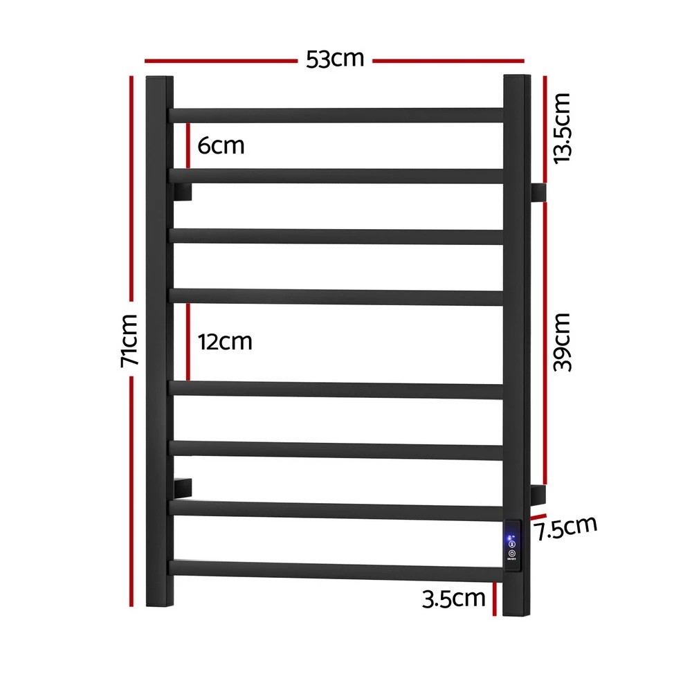 2 Devanti Heated Towel Rail 8 Square Bars with Timer Electric Heater Warmer Rack - Black, 2 of 6
