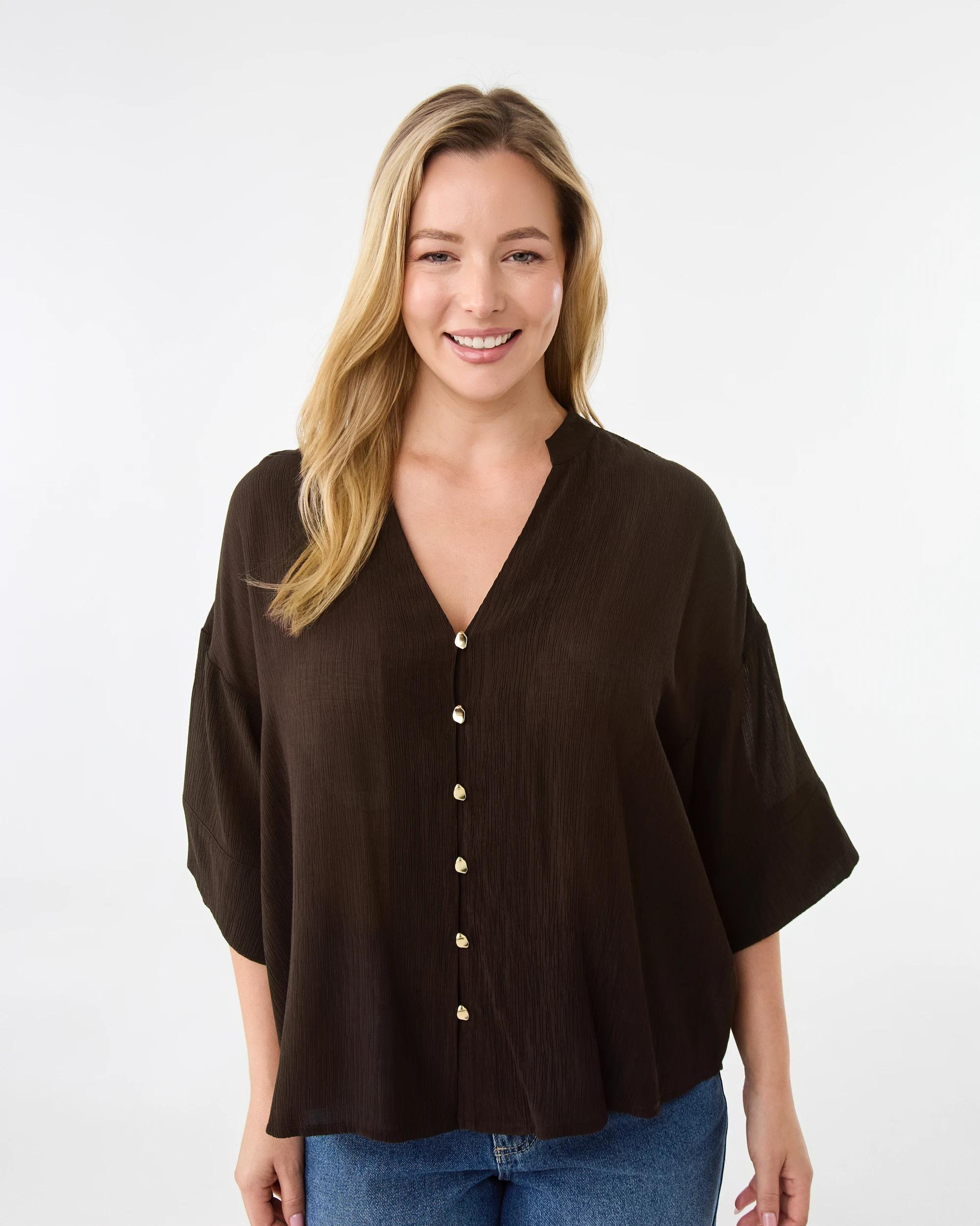 1 Short Sleeve Dolman Button Detail Shirt Melt Brown, 1 of 6