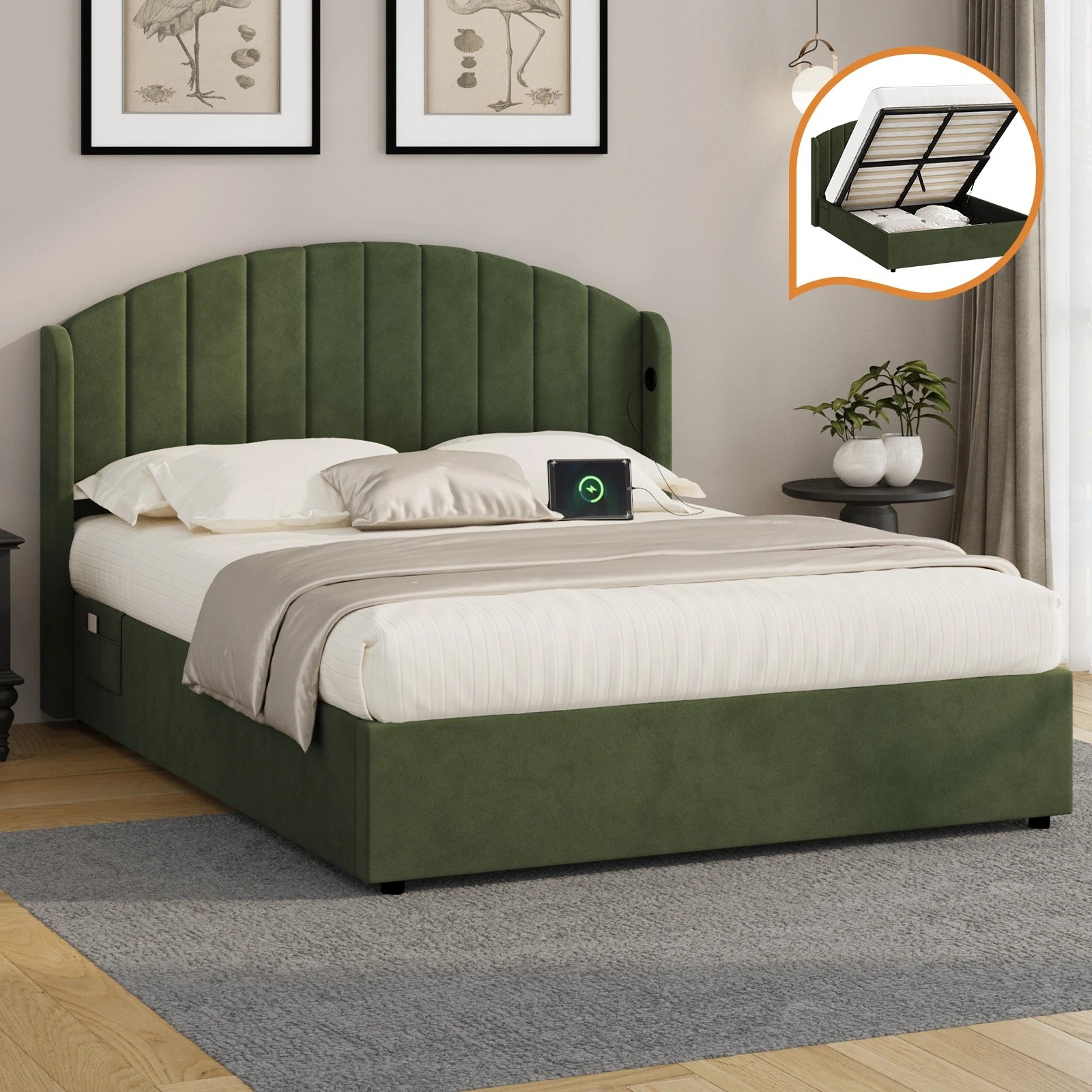 3 Oikiture Bed Frame Queen Size With Gas Lift Storage USB Charging Velvet - Green, 3 of 9