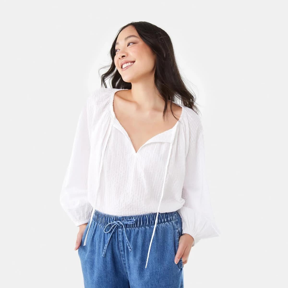 1 Long Sleeve Seersucker Tie Top WHITE, 1 of 10
