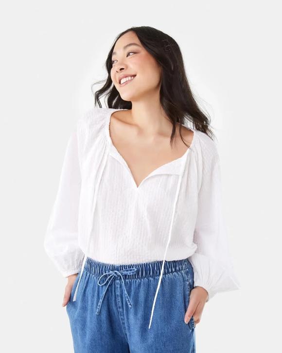 Long Sleeve Seersucker Tie Top