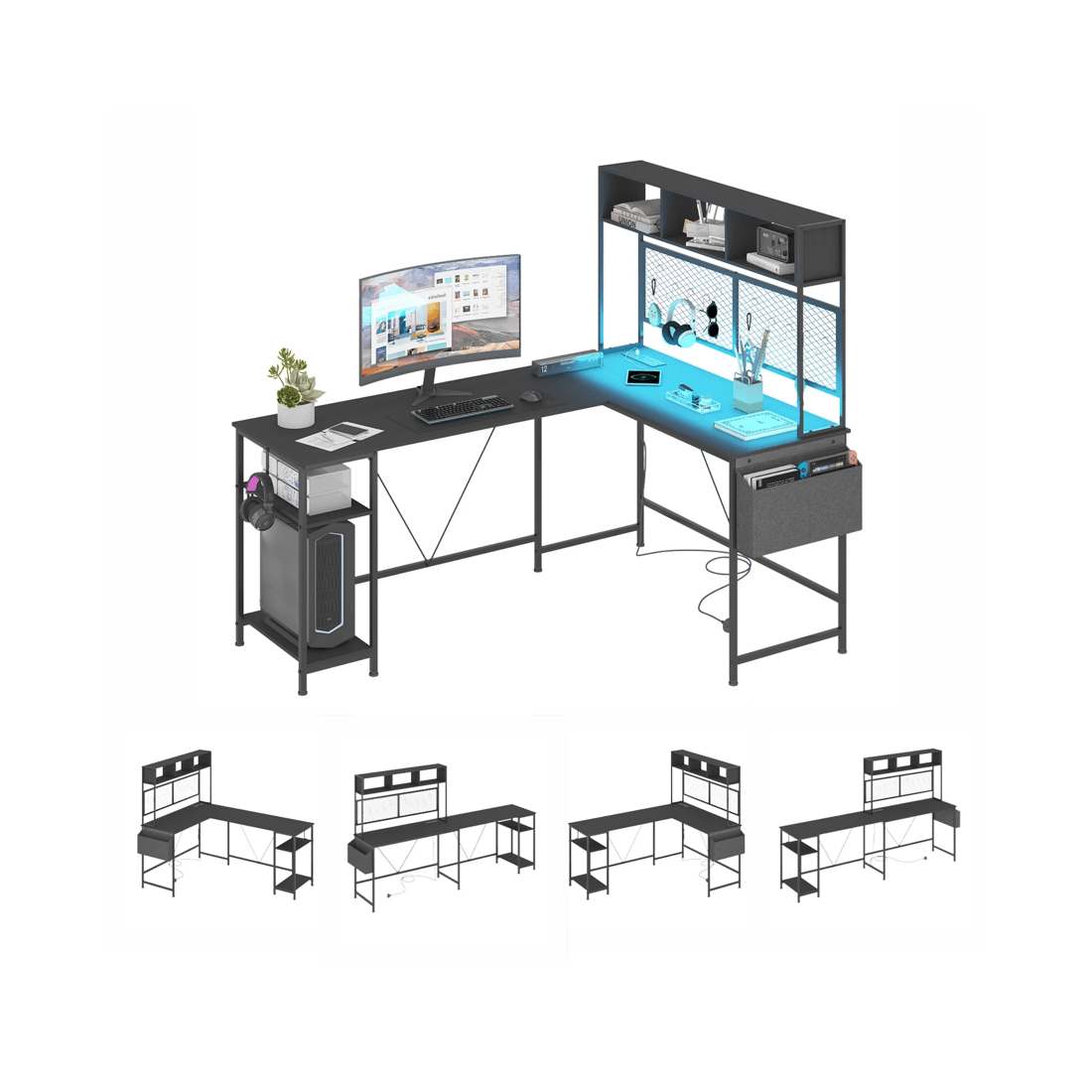 1 Advwin 170cm L Shaped Gaming Desk With Led Lights & Power Outlets Reversible Storage Shelf Computer Corner Desk Black, 1 of 10