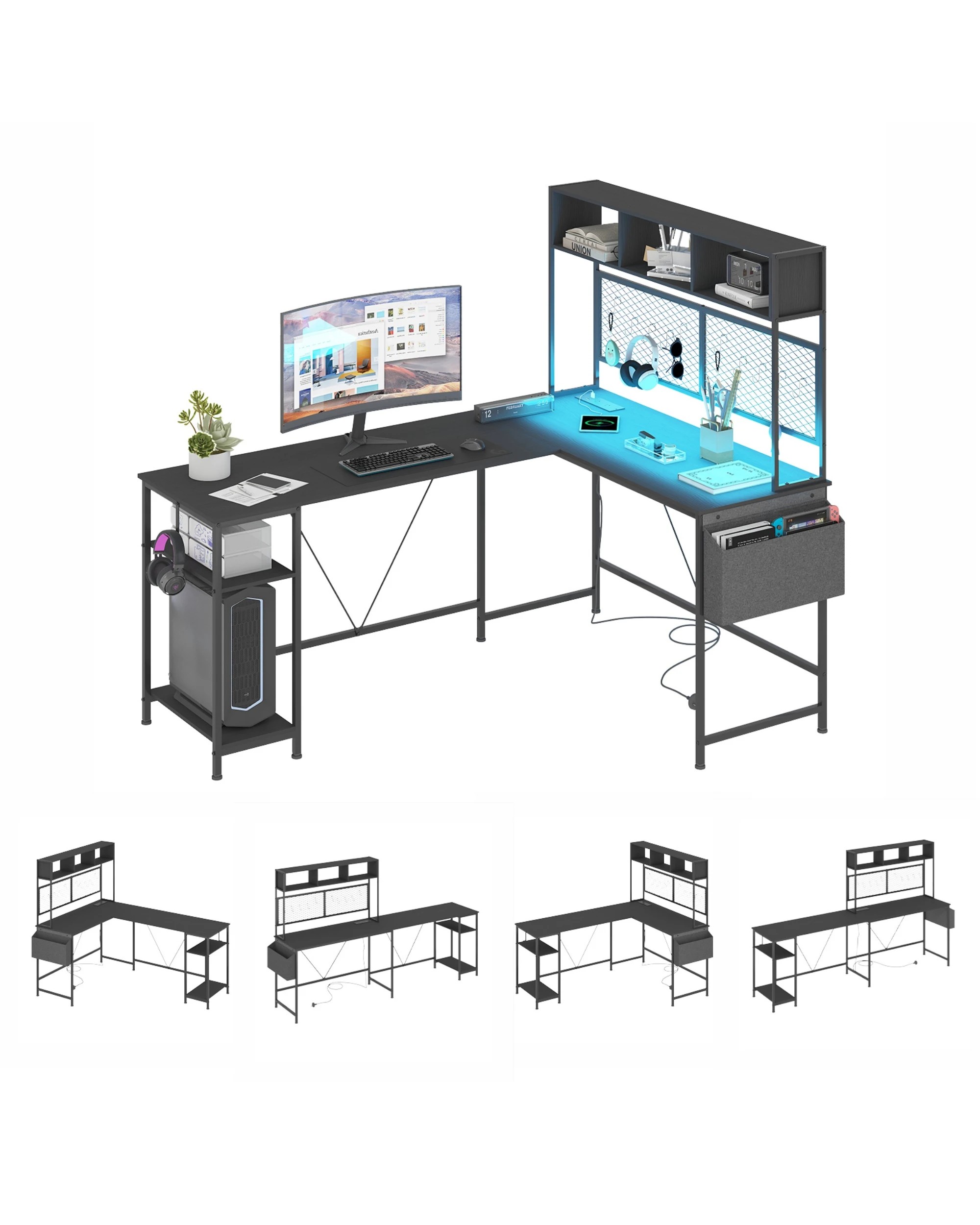 1 Advwin 170cm L Shaped Gaming Desk With Led Lights & Power Outlets Reversible Storage Shelf Computer Corner Desk Black, 1 of 10