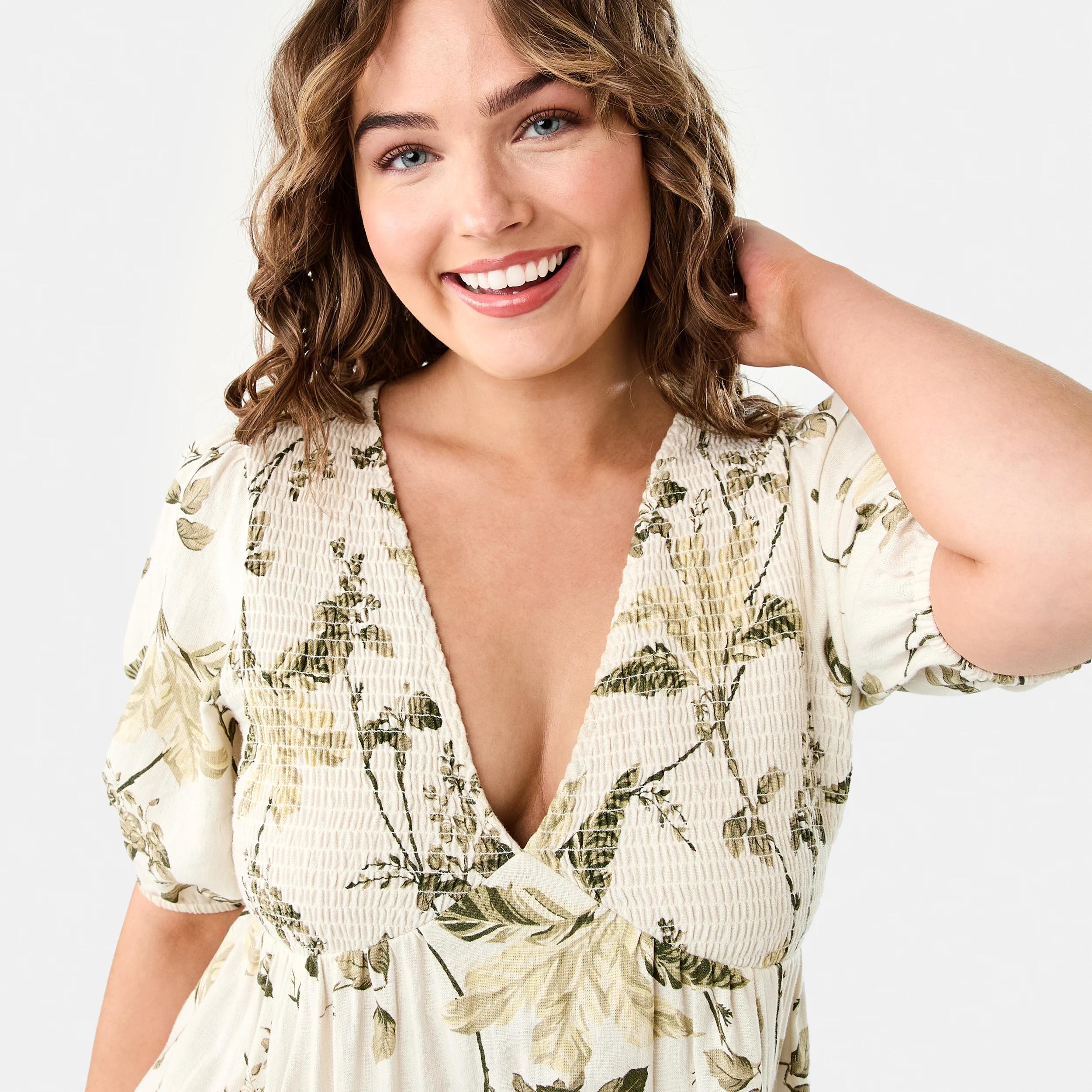 5 Short Sleeve Shirred V-Neck Mini Dress TROPICAL BURNT OLIVE, 5 of 9