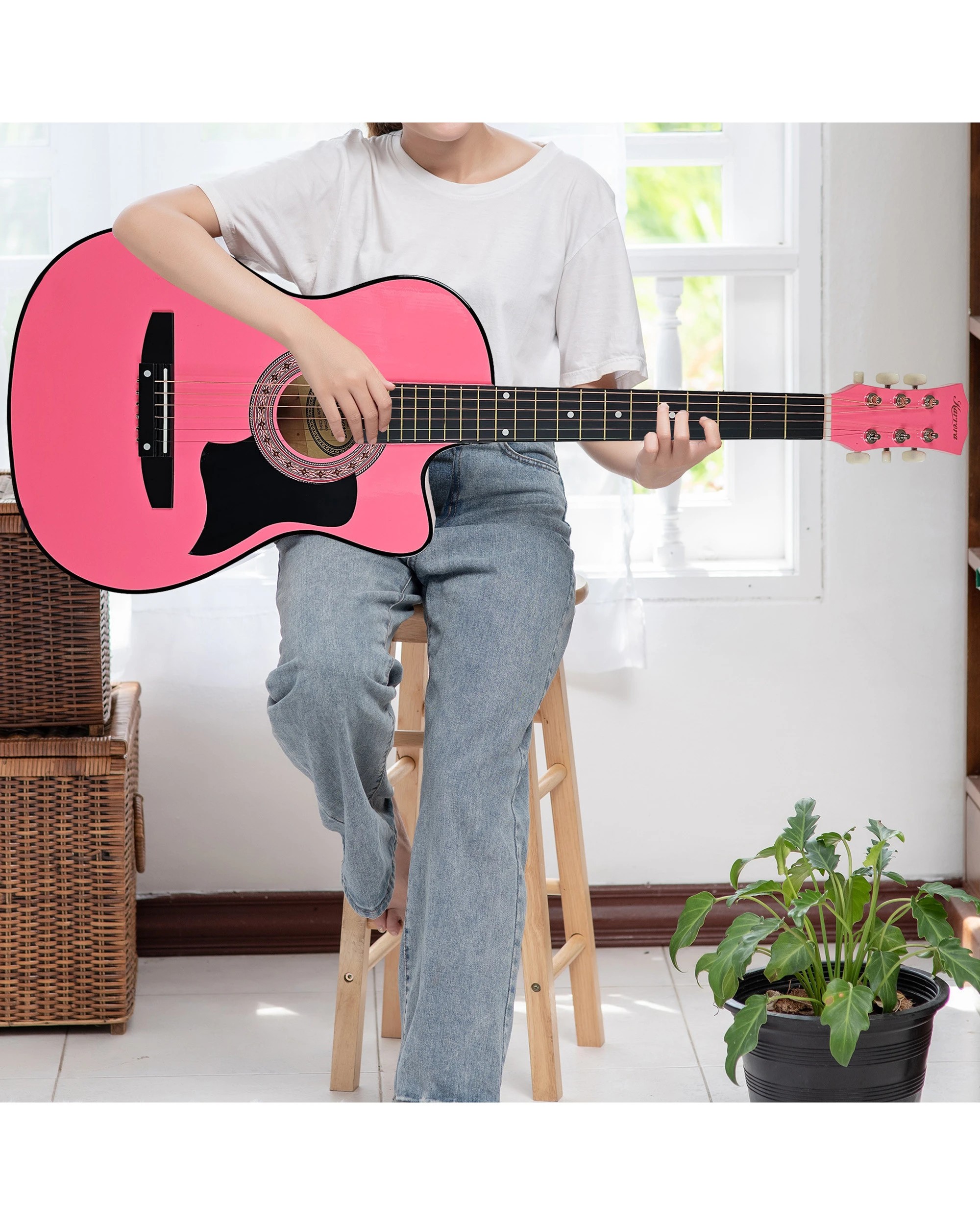 5 Karrera 38in Cutaway Acoustic Guitar with Guitar Bag - Pink, 5 of 5