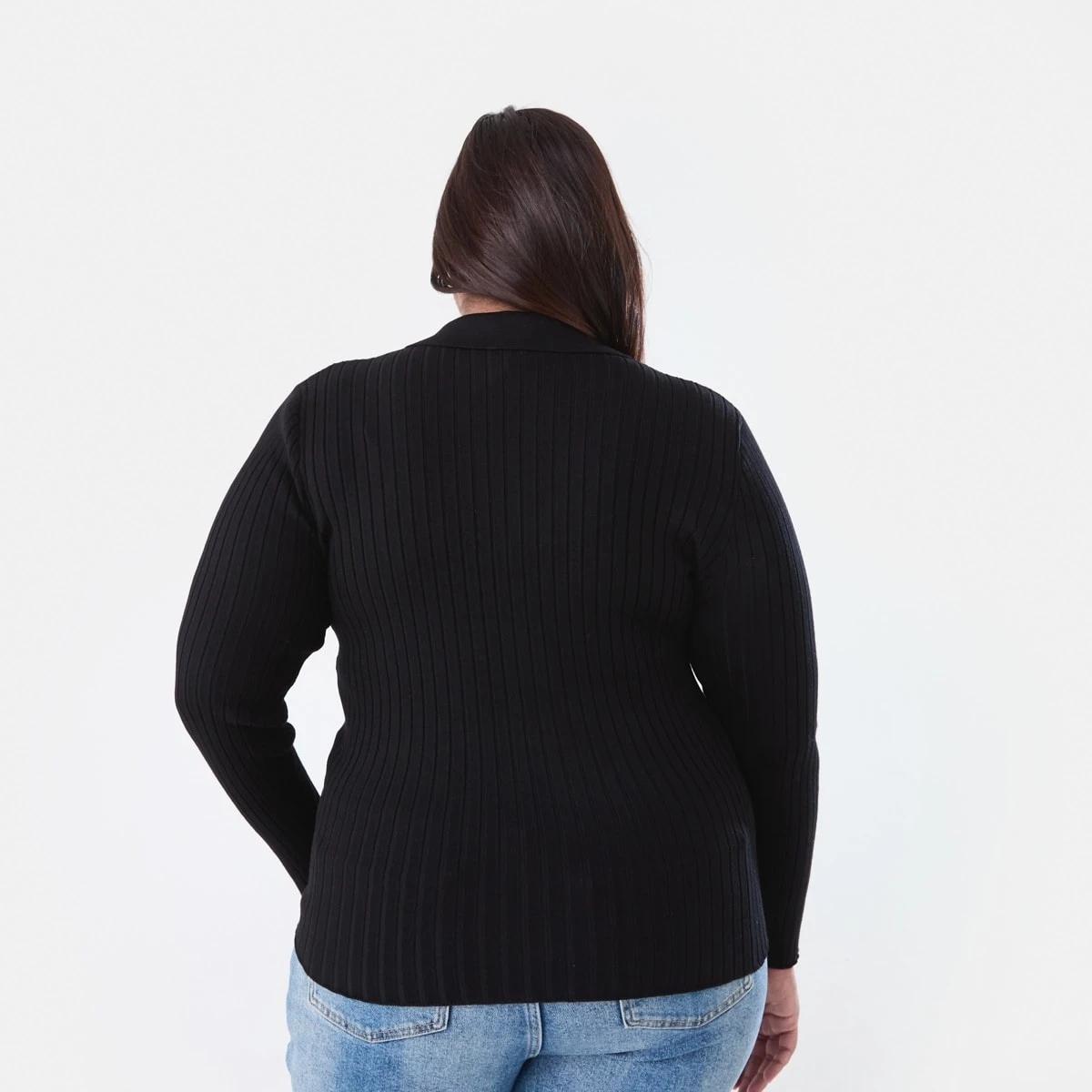 3 Curve Long Sleeve Knit Polo Top Black, 3 of 5