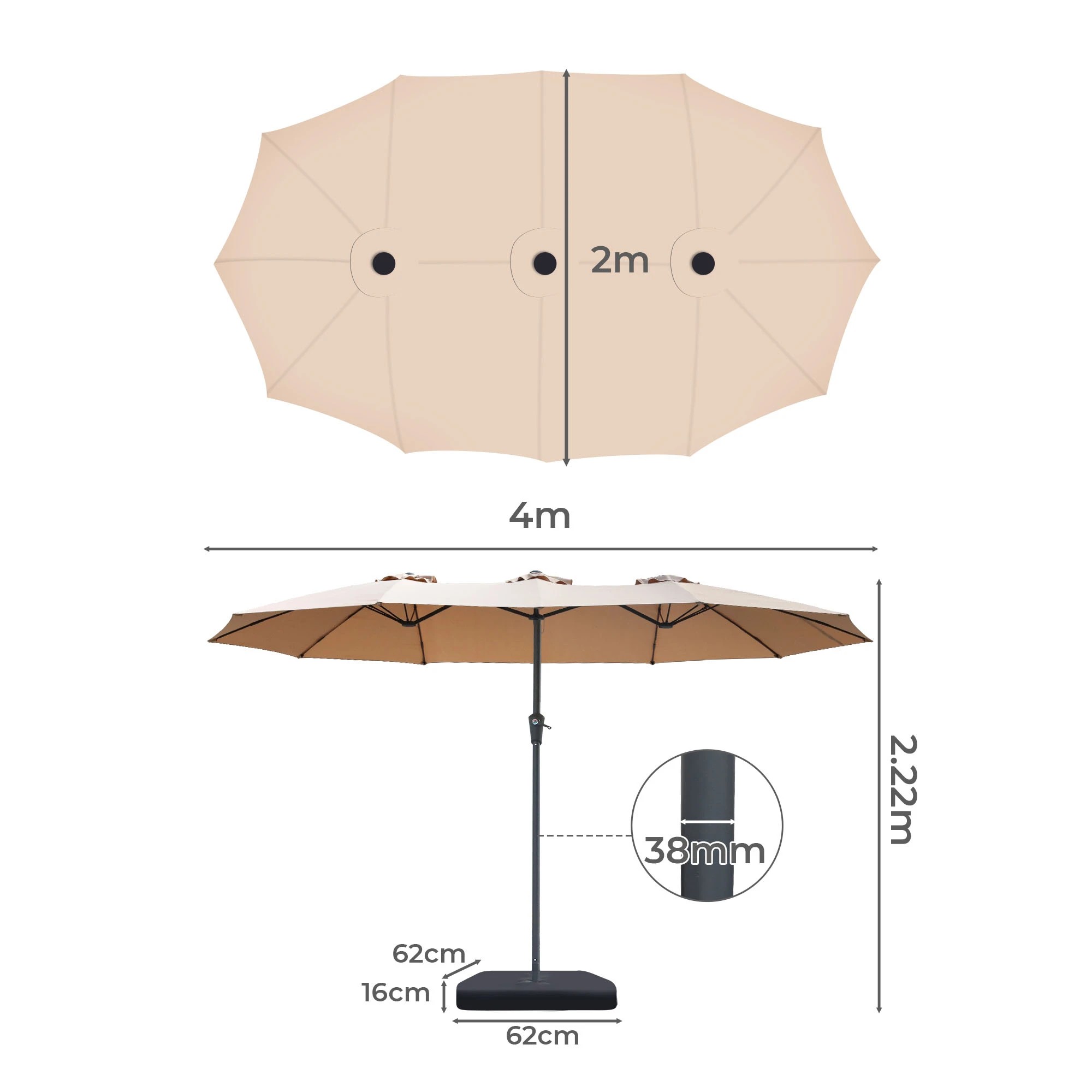 3 Mountview 4x2M Outdoor Twin Large Patio Umbrella with Base - Beige, 3 of 9
